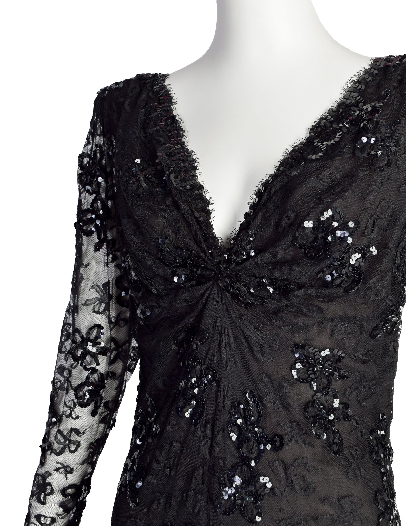 Yves Saint Laurent Vintage Haute Couture AW 1985 Black Lace Sequin Column Gown Dress