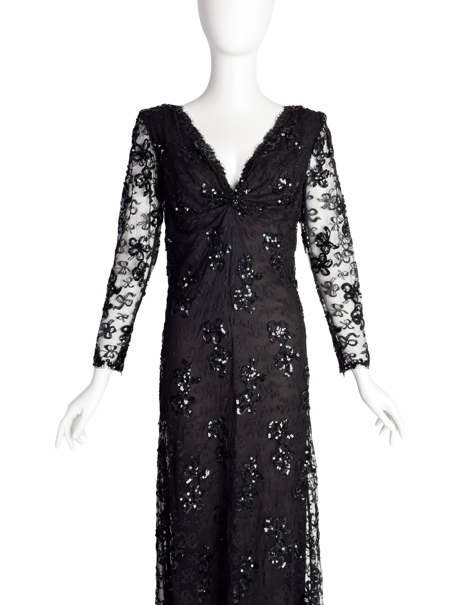 Yves Saint Laurent Vintage Haute Couture AW 1985 Black Lace Sequin Column Gown Dress