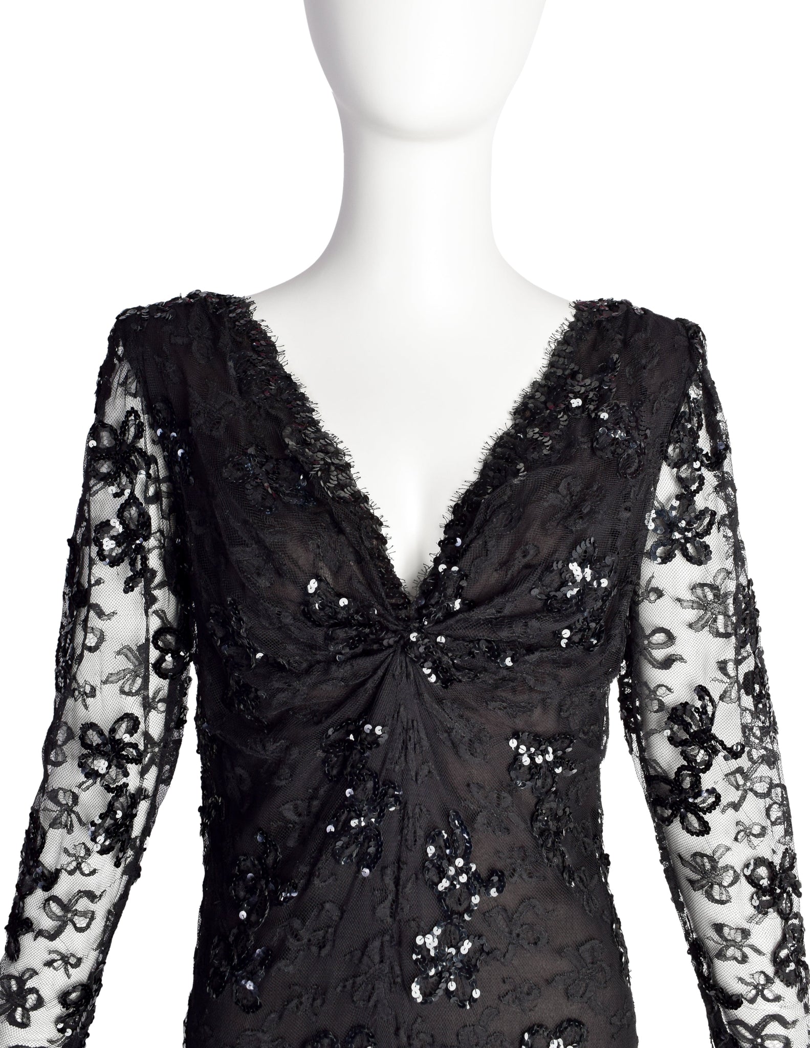 Yves Saint Laurent Vintage Haute Couture AW 1985 Black Lace Sequin Column Gown Dress