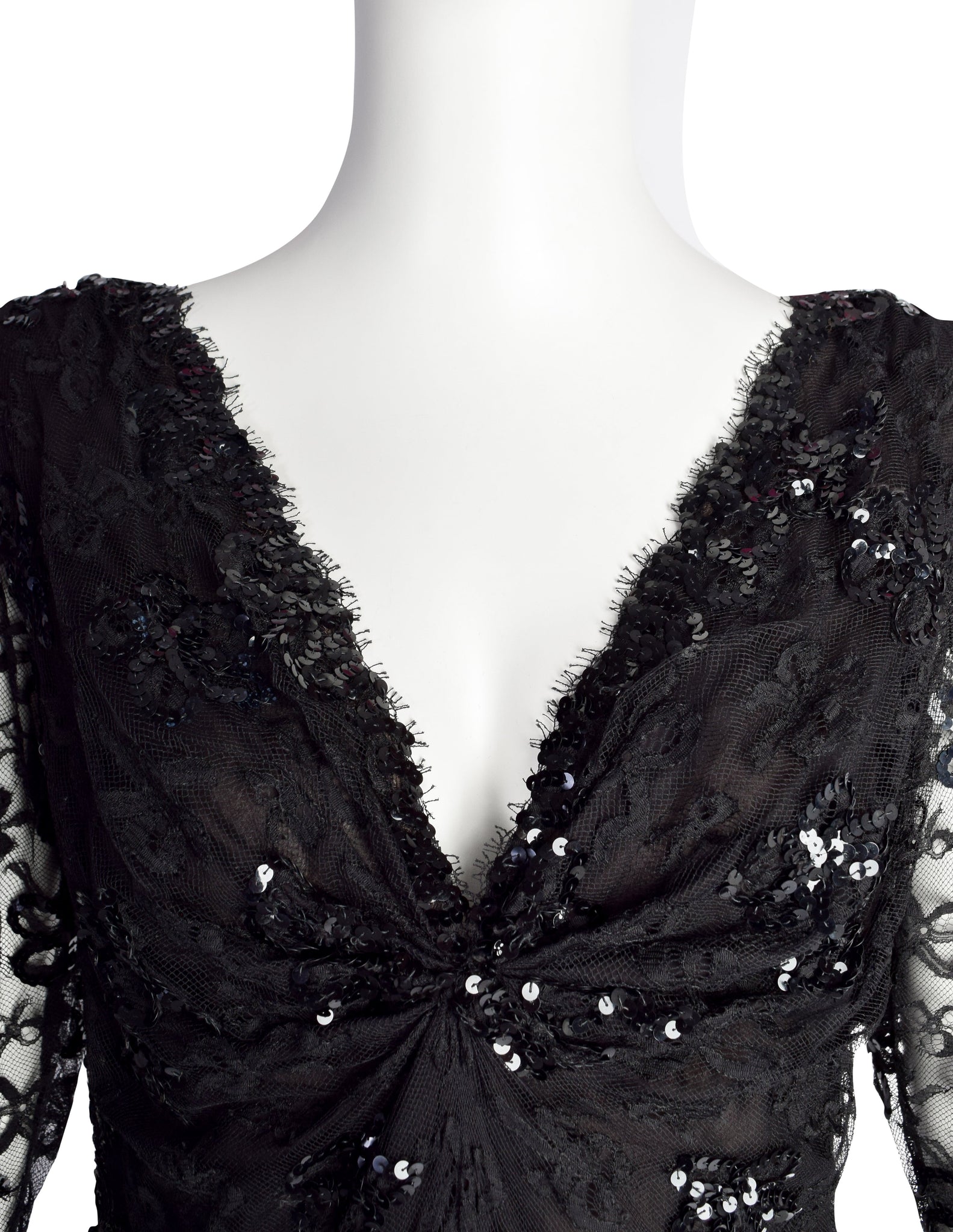 Yves Saint Laurent Vintage Haute Couture AW 1985 Black Lace Sequin Column Gown Dress