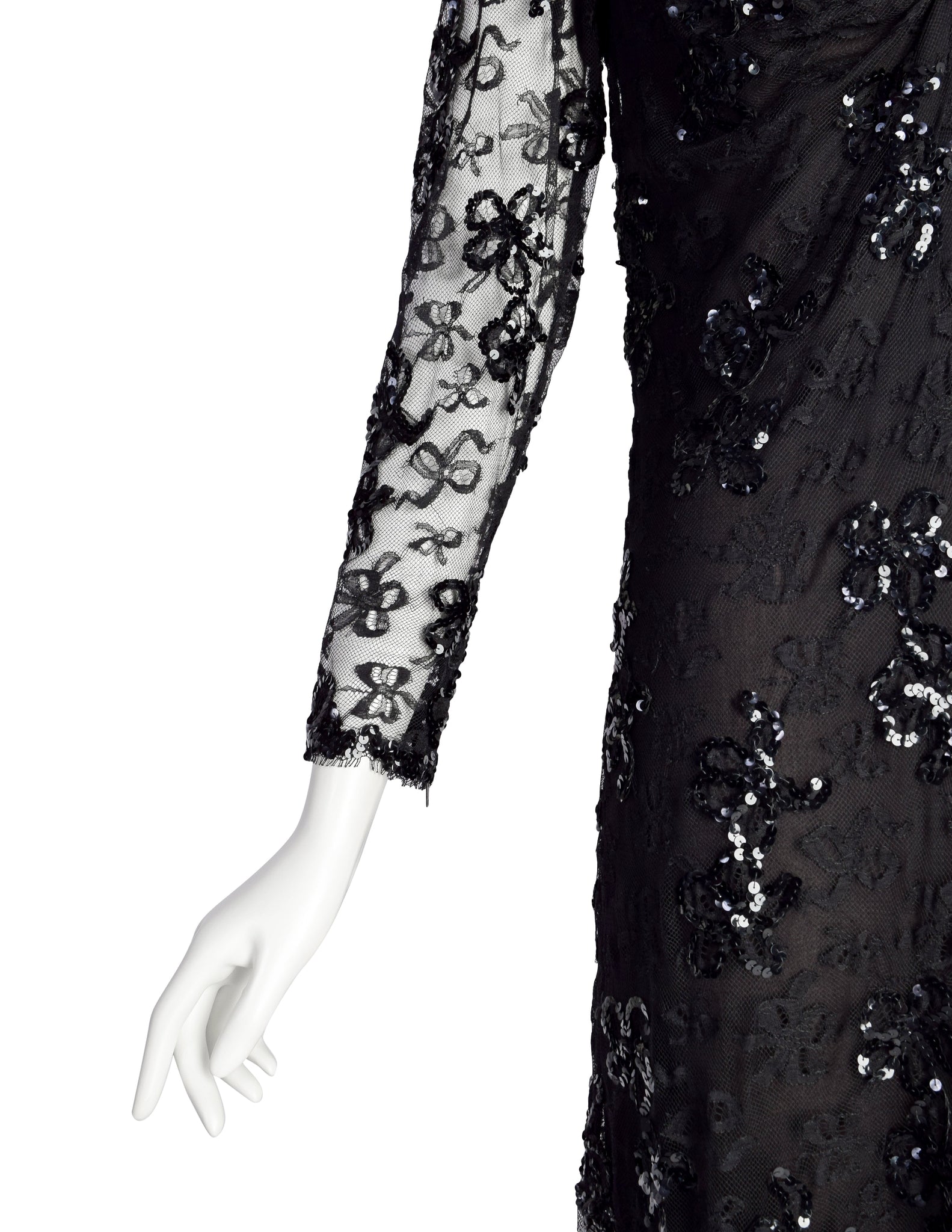 Yves Saint Laurent Vintage Haute Couture AW 1985 Black Lace Sequin Column Gown Dress