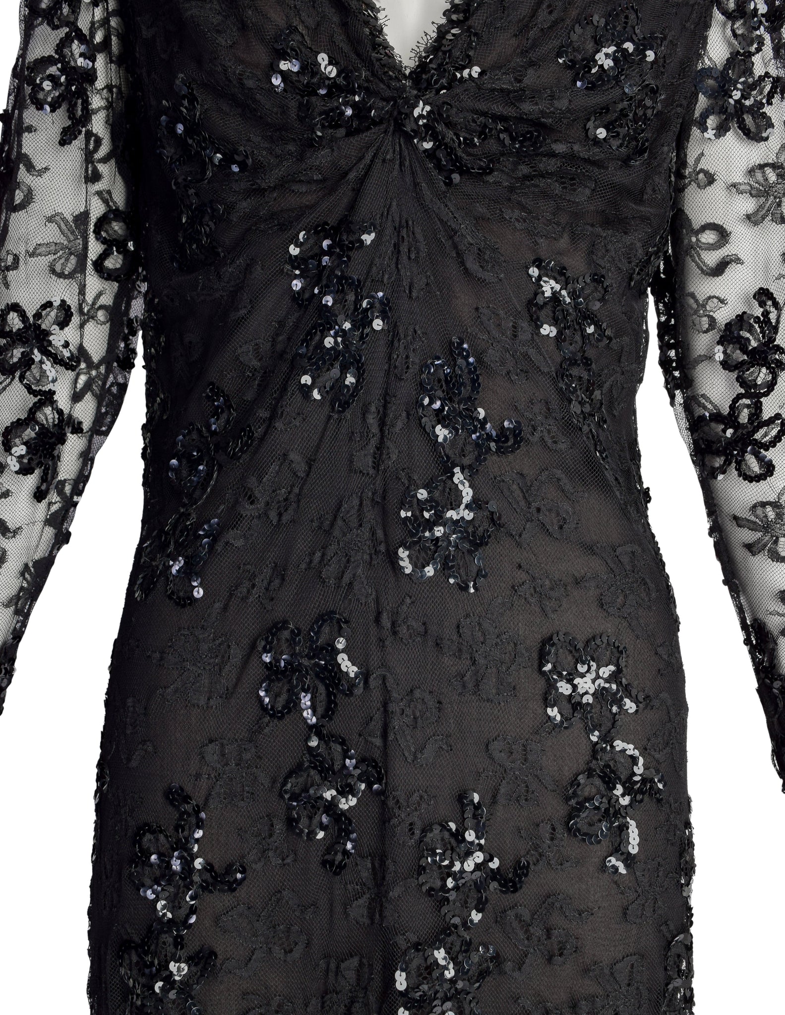 Yves Saint Laurent Vintage Haute Couture AW 1985 Black Lace Sequin Column Gown Dress