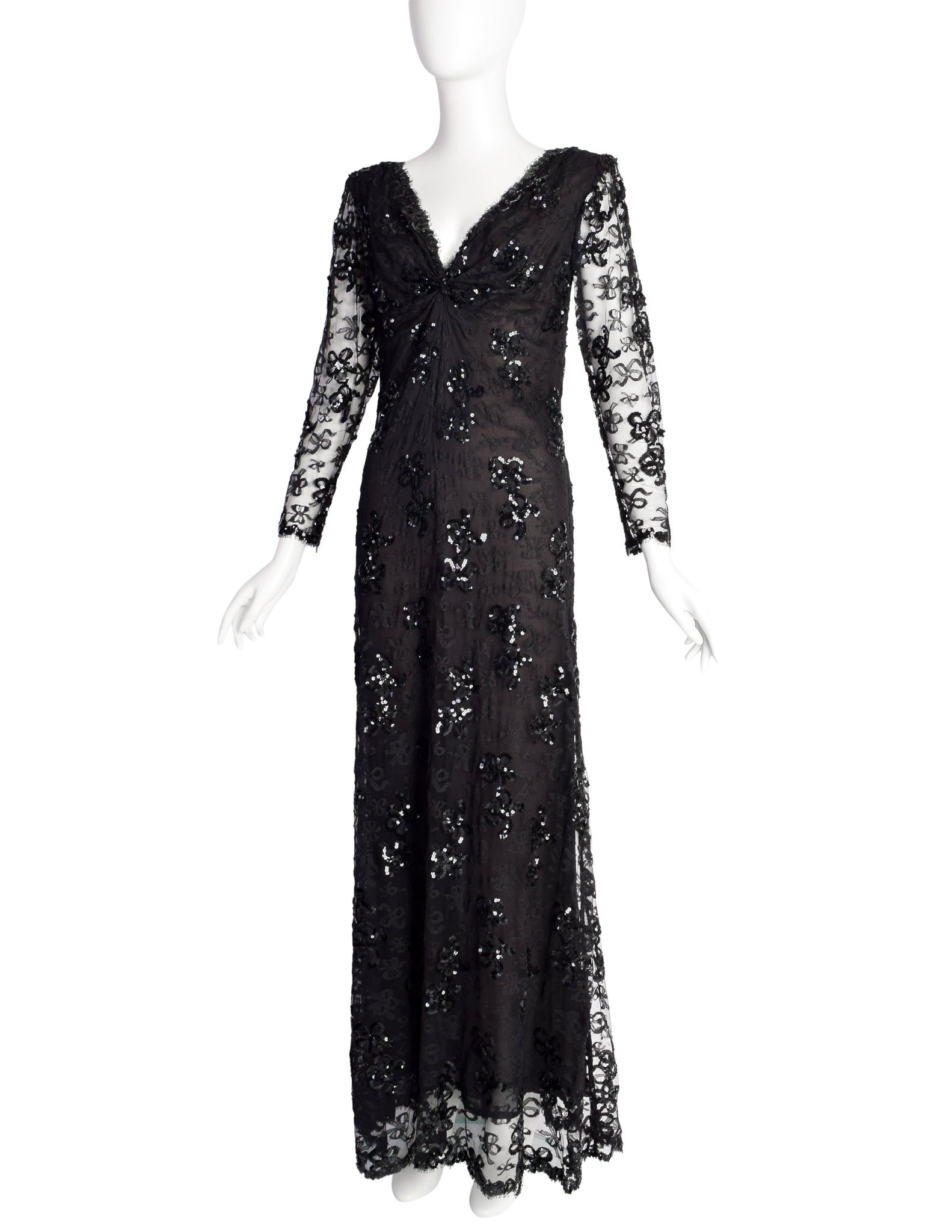 Yves Saint Laurent Vintage Haute Couture AW 1985 Black Lace Sequin Column Gown Dress