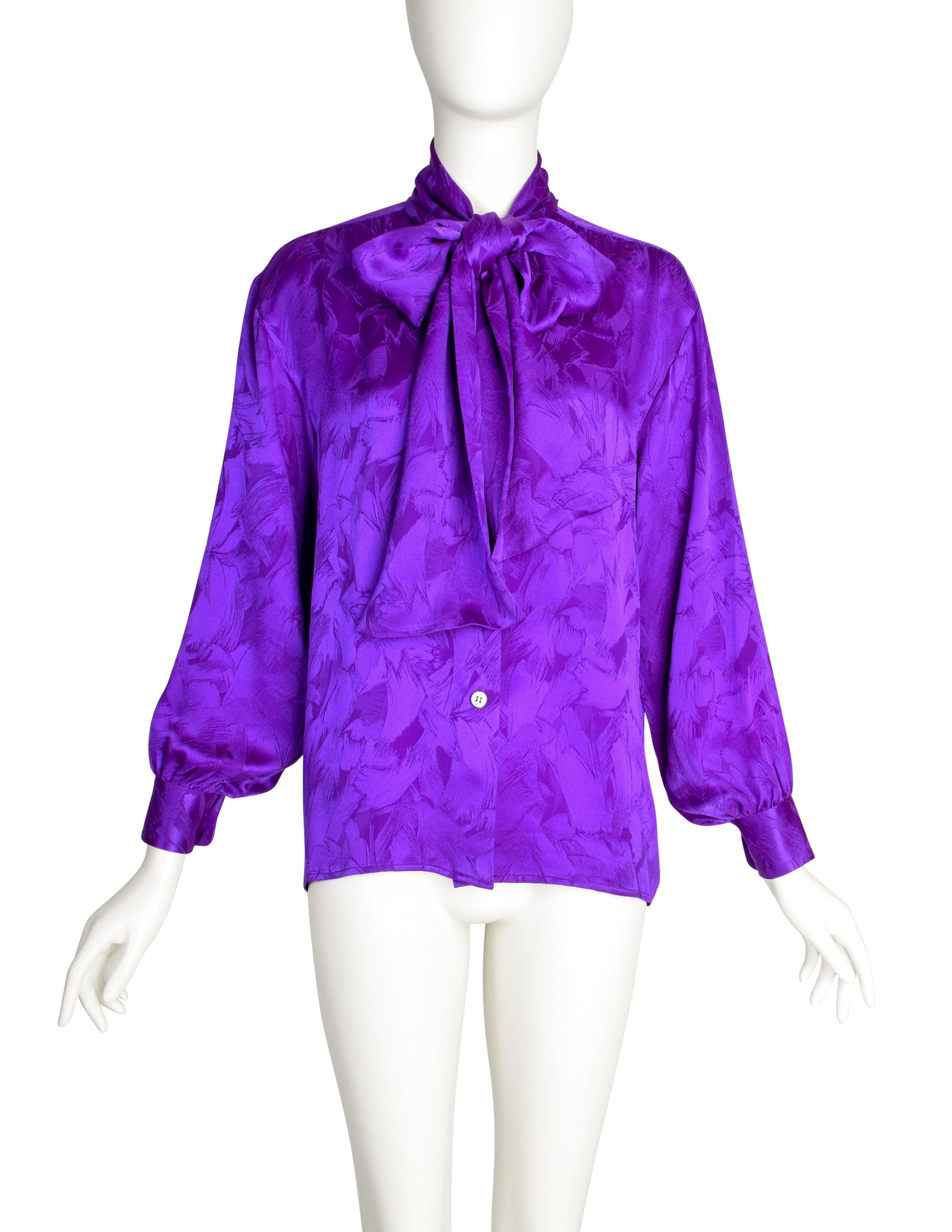 Yves Saint Laurent Vintage 1980s Purple Brushstroke Silk Jacquard Lavalliere Shirt