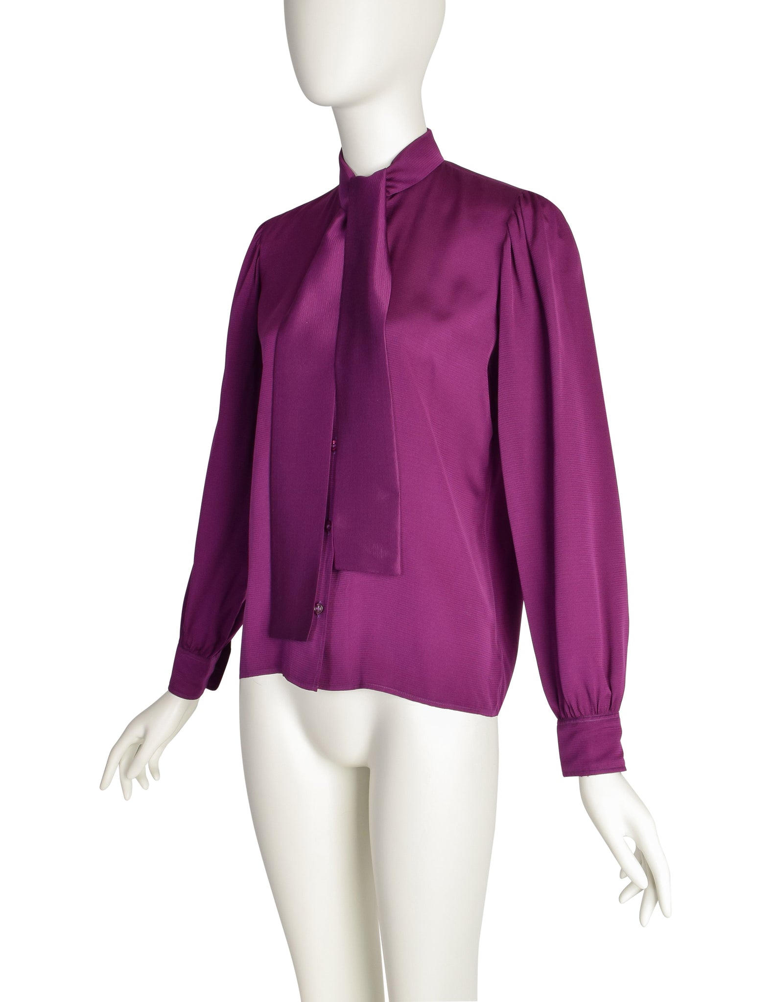 Yves Saint Laurent Vintage 1970s Plum Purple Ribbed Silk Button Up Lavalliere Shirt