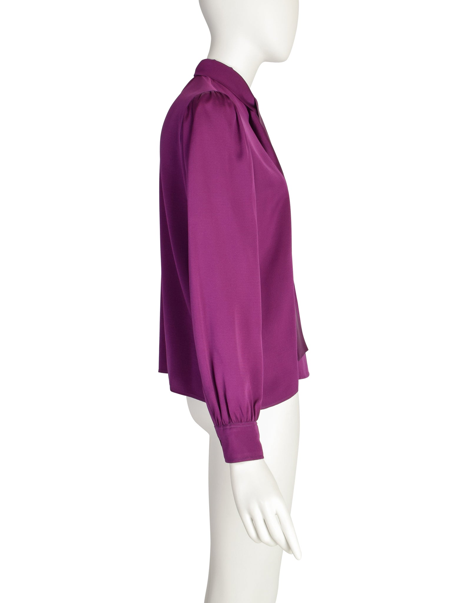 Yves Saint Laurent Vintage 1970s Plum Purple Ribbed Silk Button Up Lavalliere Shirt