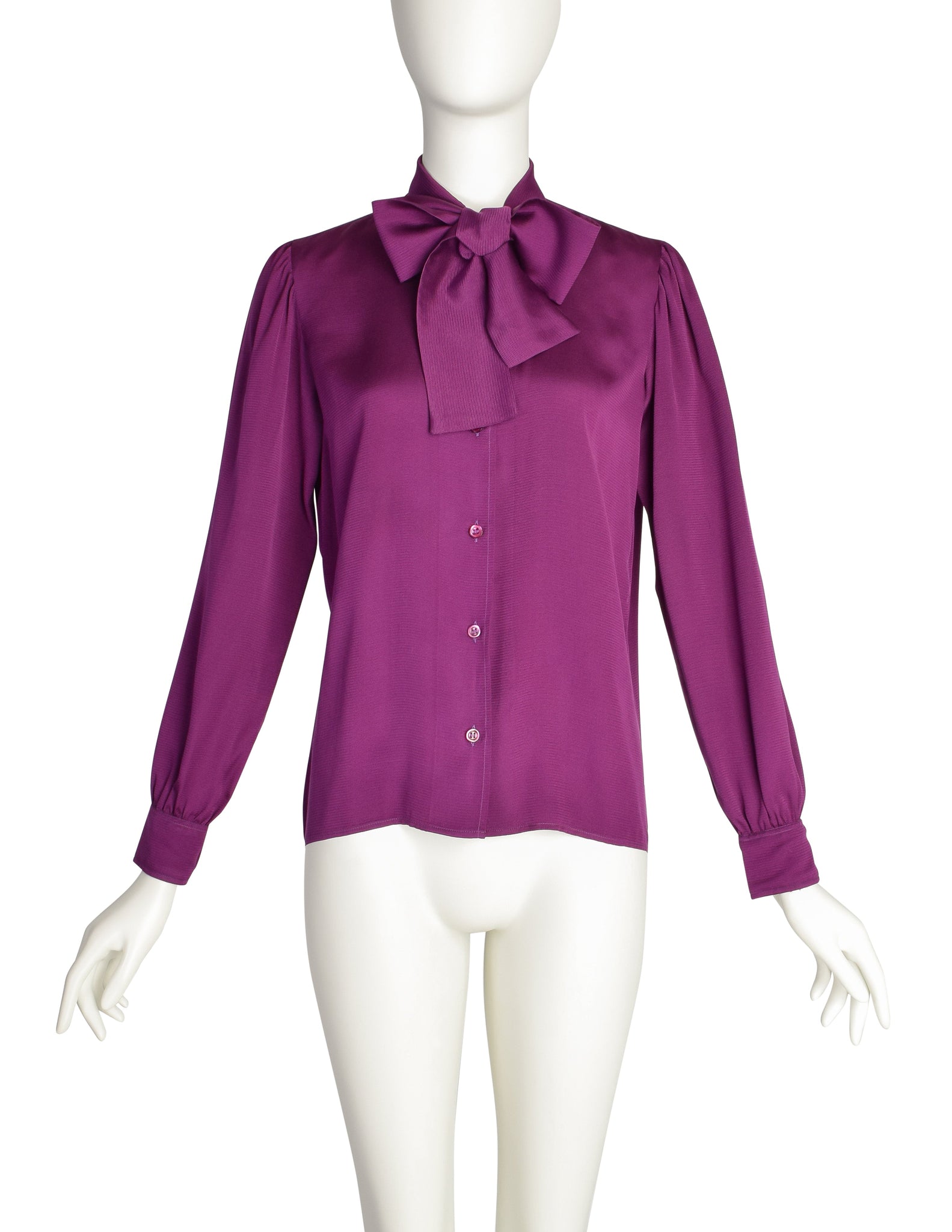 Yves Saint Laurent Vintage 1970s Plum Purple Ribbed Silk Button Up Lavalliere Shirt