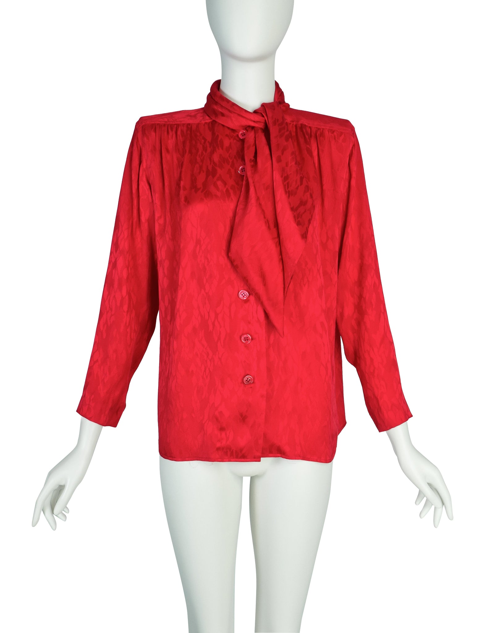 Yves Saint Laurent Vintage 1980s Red Scale Silk Jacquard Ascot Lavalliere Shirt