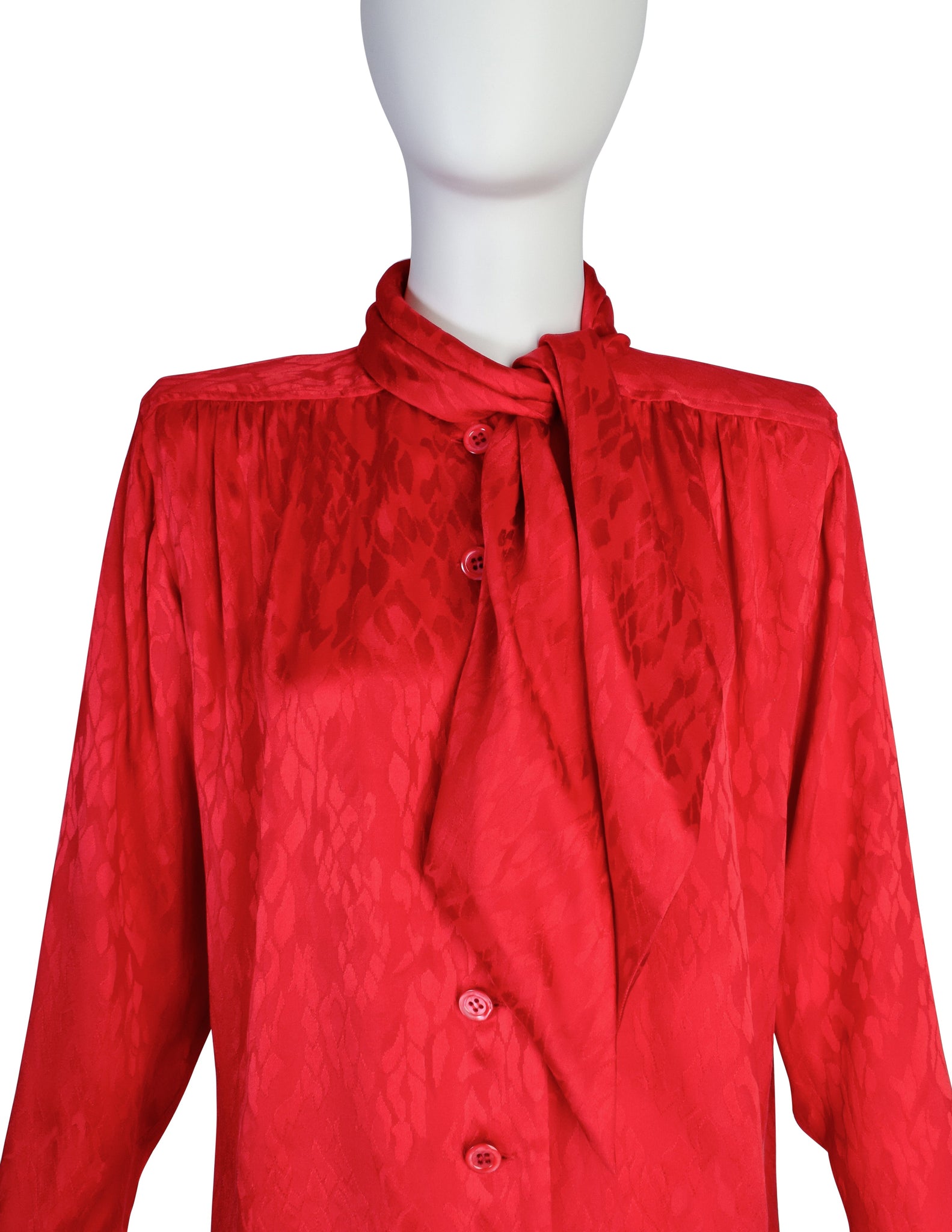 Yves Saint Laurent Vintage 1980s Red Scale Silk Jacquard Ascot Lavalliere Shirt