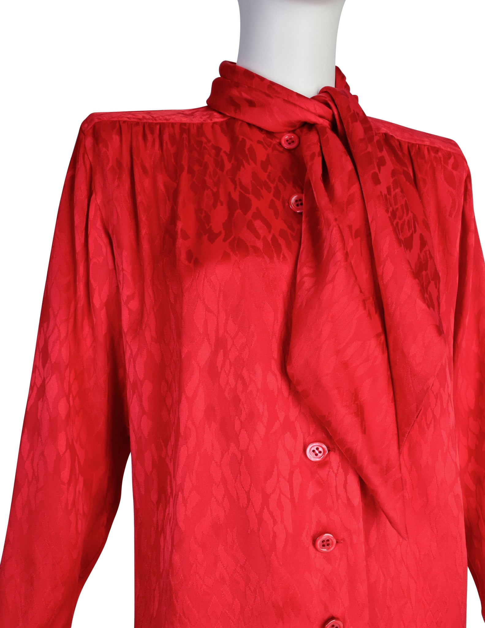 Yves Saint Laurent Vintage 1980s Red Scale Silk Jacquard Ascot Lavalliere Shirt