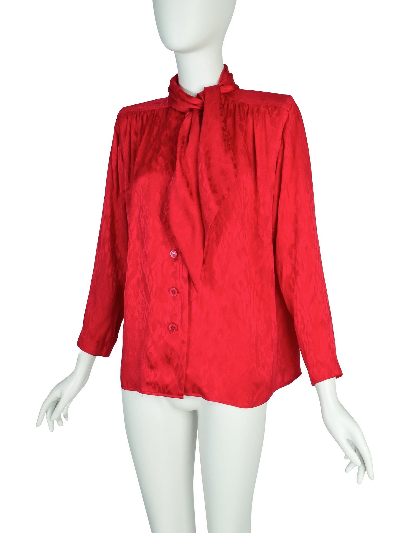 Yves Saint Laurent Vintage 1980s Red Scale Silk Jacquard Ascot Lavalliere Shirt