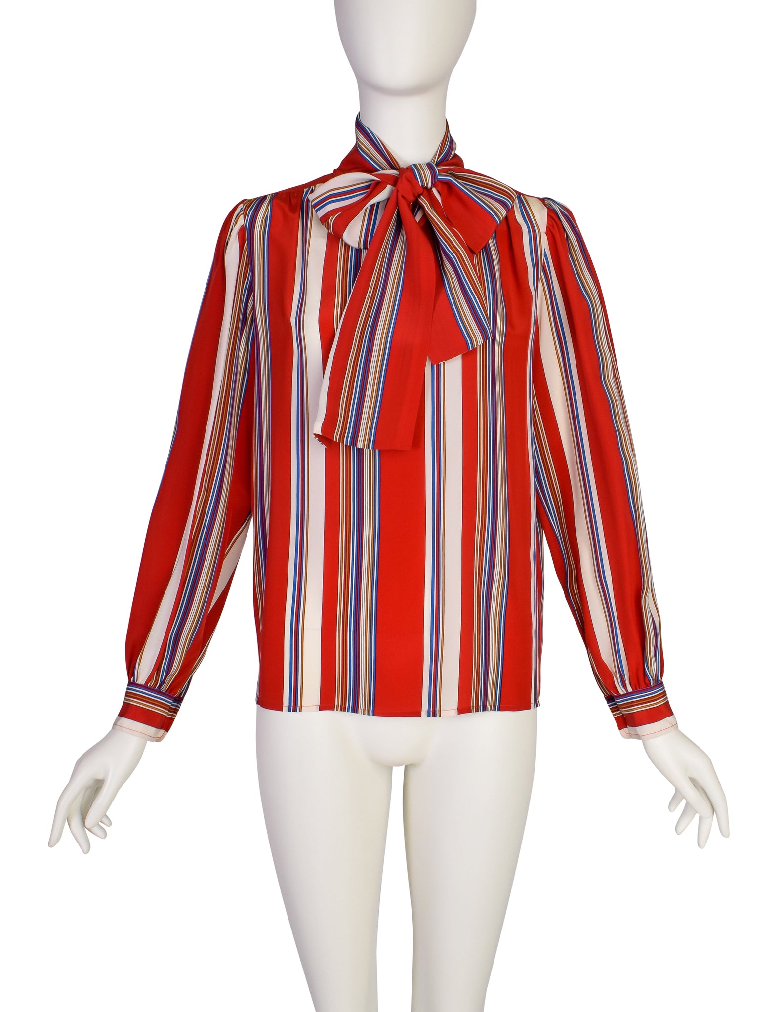 Yves Saint Laurent Vintage SS 1982 Red Primary Color Striped Silk Lavalliere Shirt