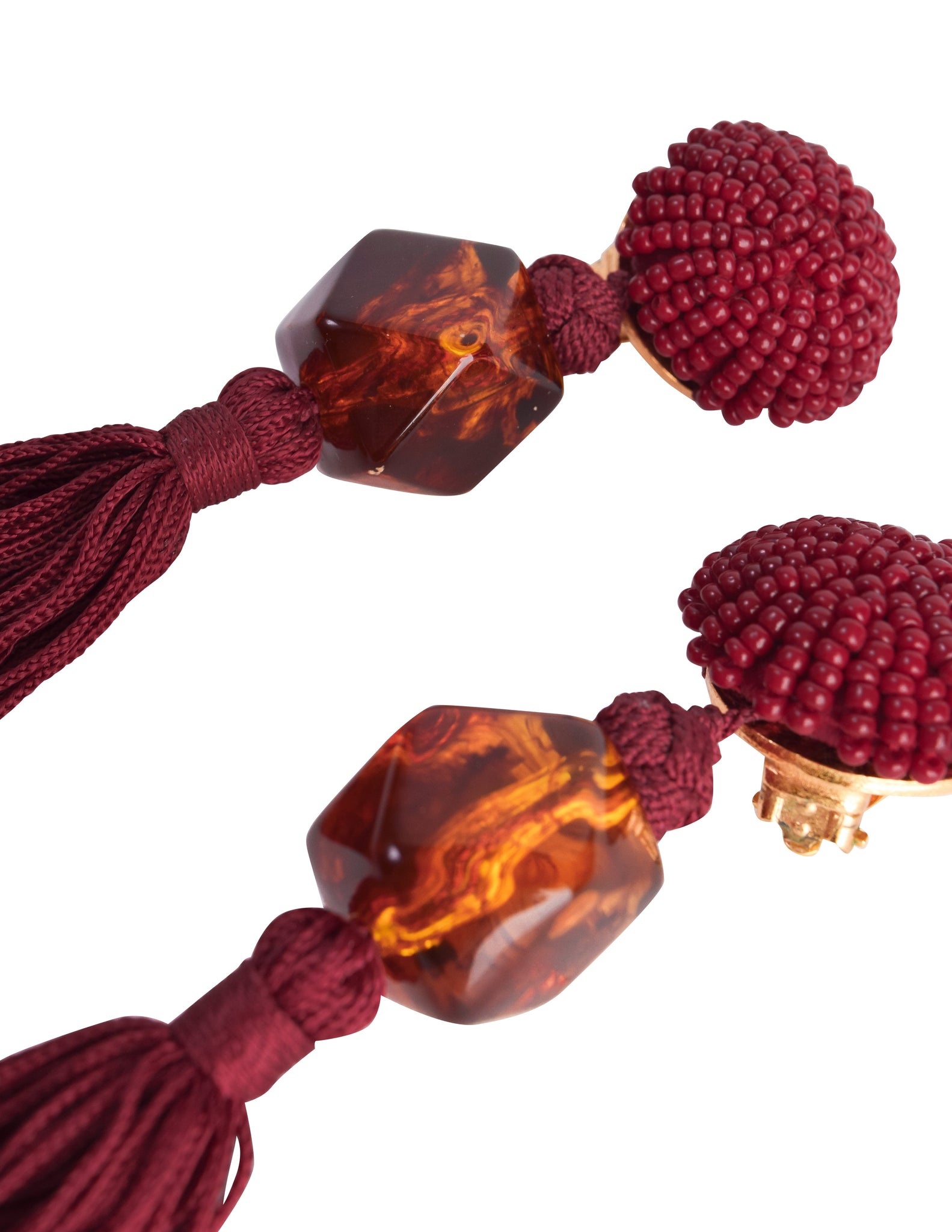 Yves Saint Laurent Vintage Maroon and Root Beer Beaded Tassel Passementerie Statement Earrings