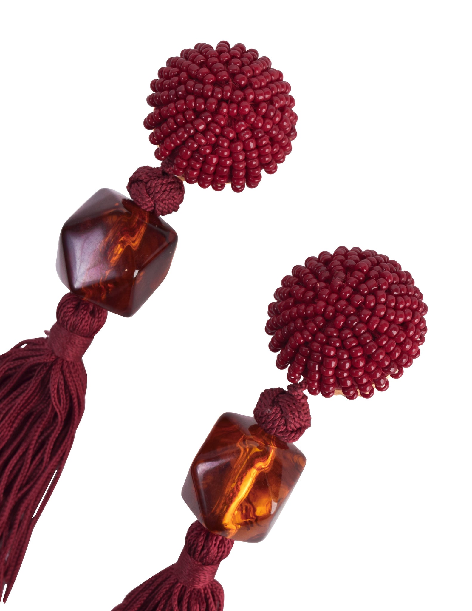 Yves Saint Laurent Vintage Maroon and Root Beer Beaded Tassel Passementerie Statement Earrings