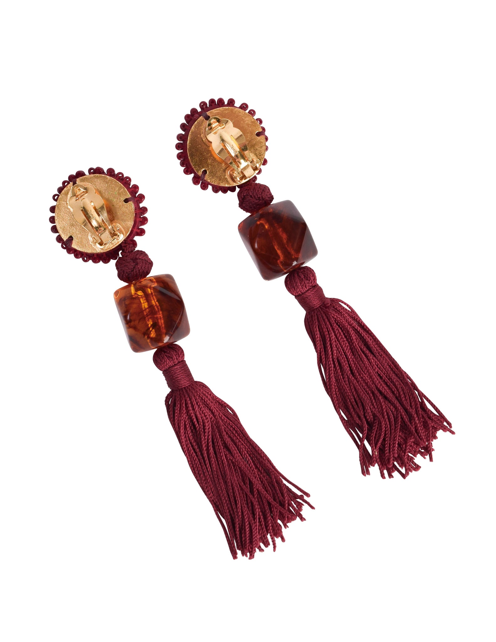 Yves Saint Laurent Vintage Maroon and Root Beer Beaded Tassel Passementerie Statement Earrings