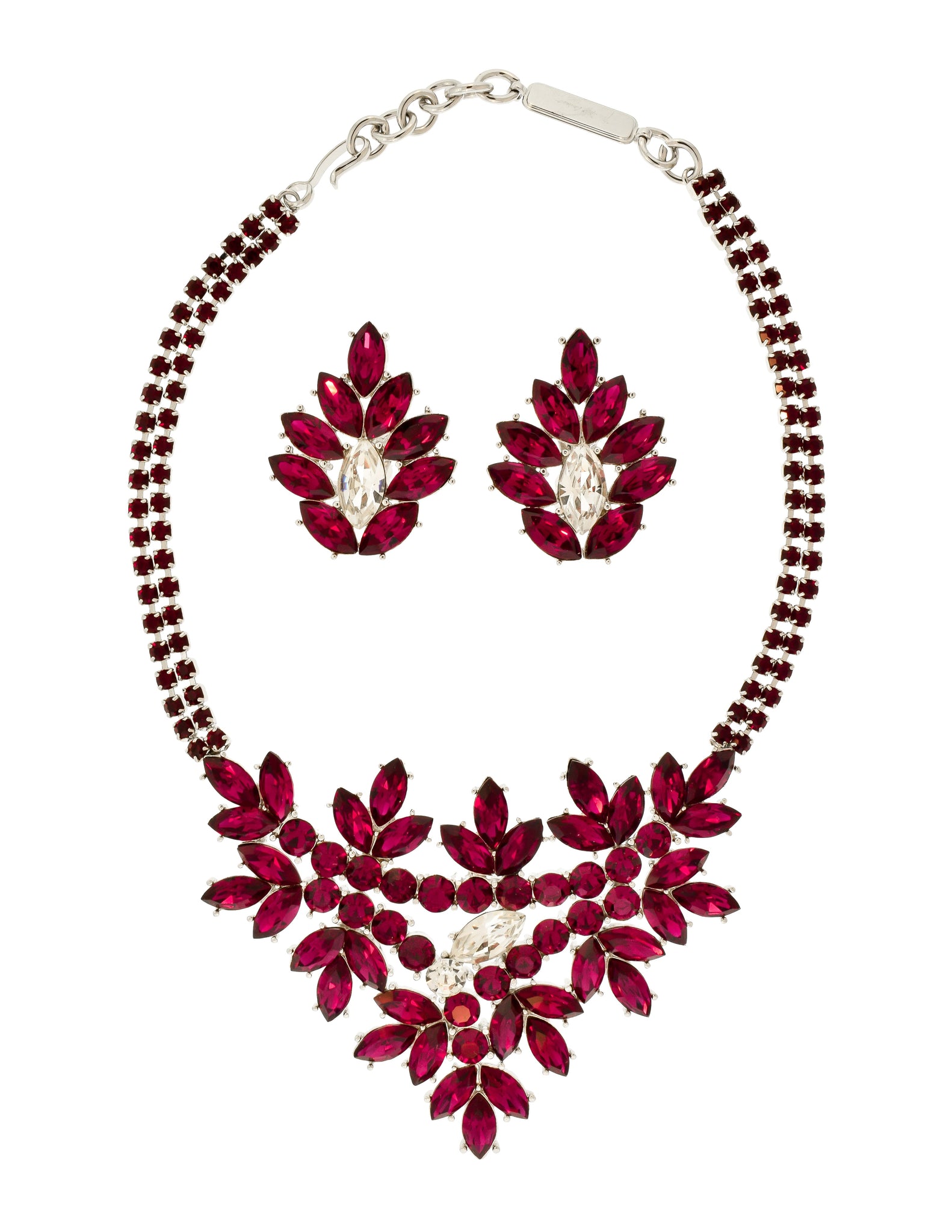 YSL Vintage Deep Magenta Rhinestone Bib Necklace and Earrings Set