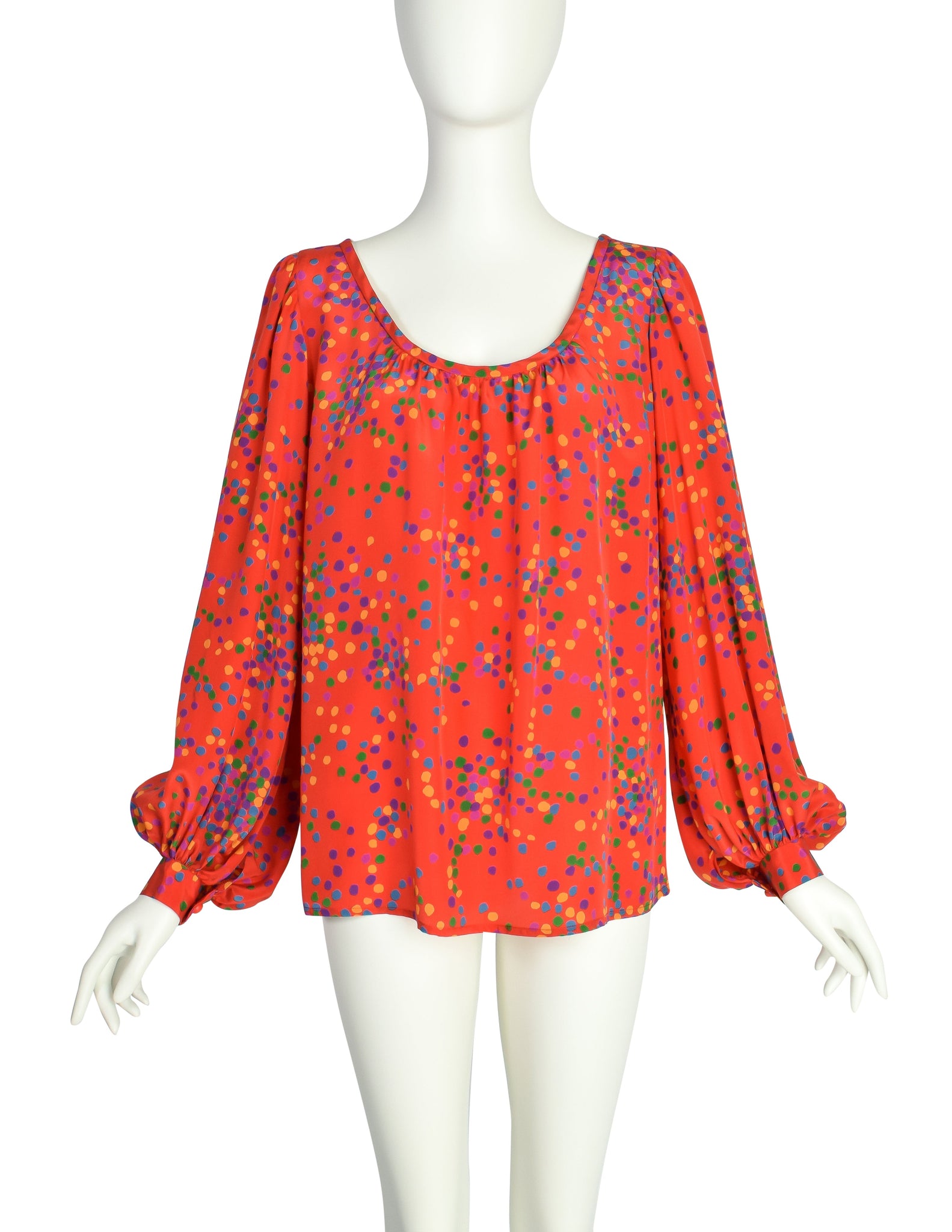 Yves Saint Laurent Vintage SS 1984 Red Multicolor Confetti Dot Print Silk Bishop Sleeve Shirt