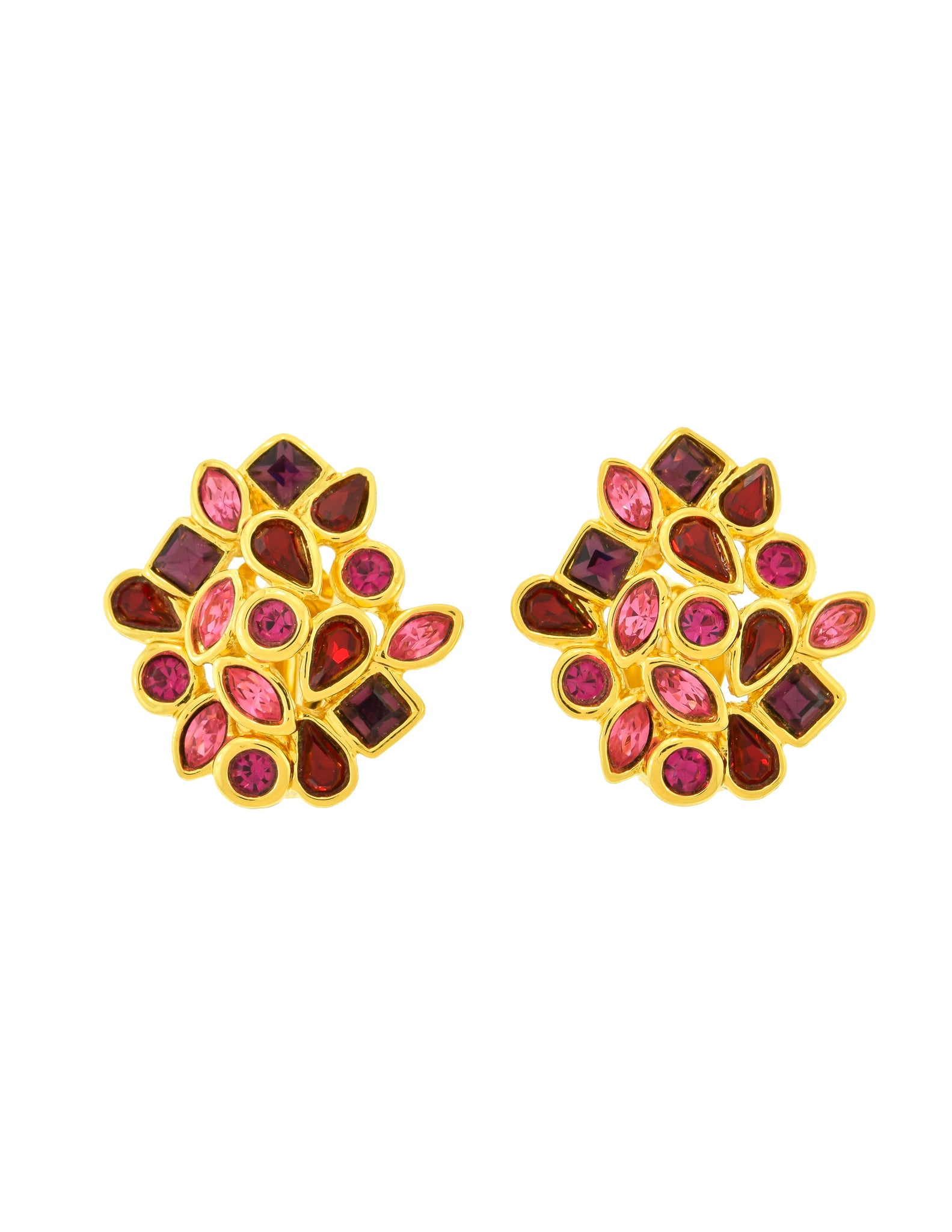 Yves Saint Laurent Vintage Golden Pink Red Purple Rhinestone Cluster Earrings