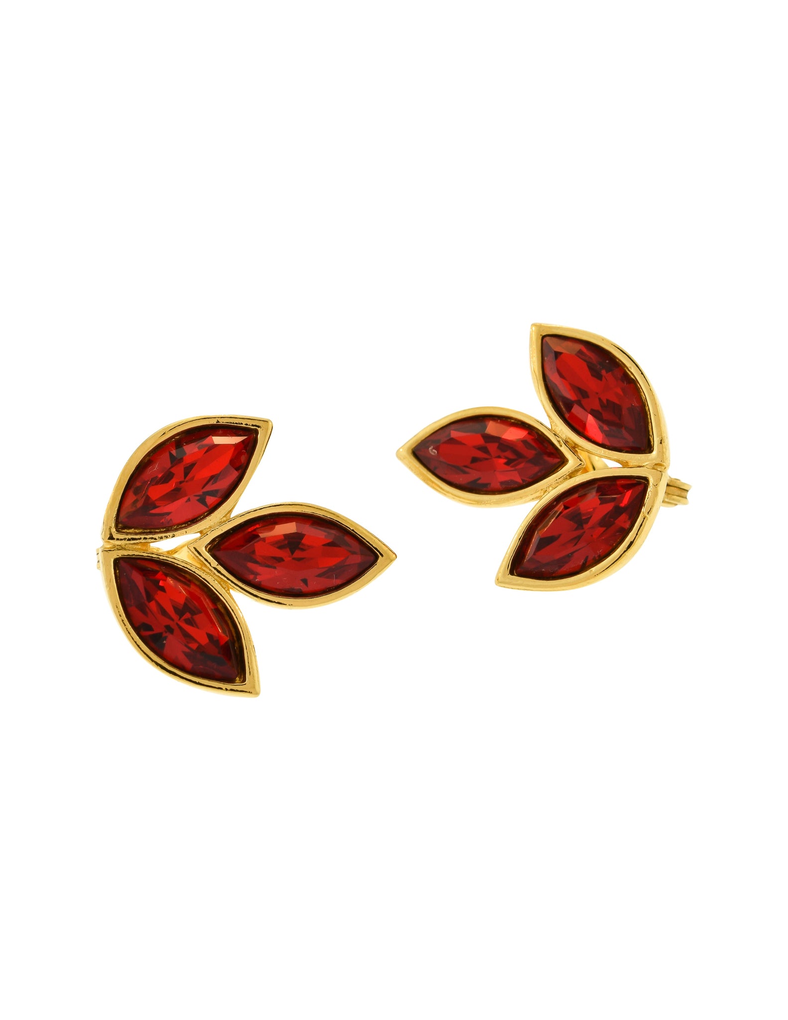 Yves Saint Laurent Vintage Gold Red Crystal Three Point Earrings