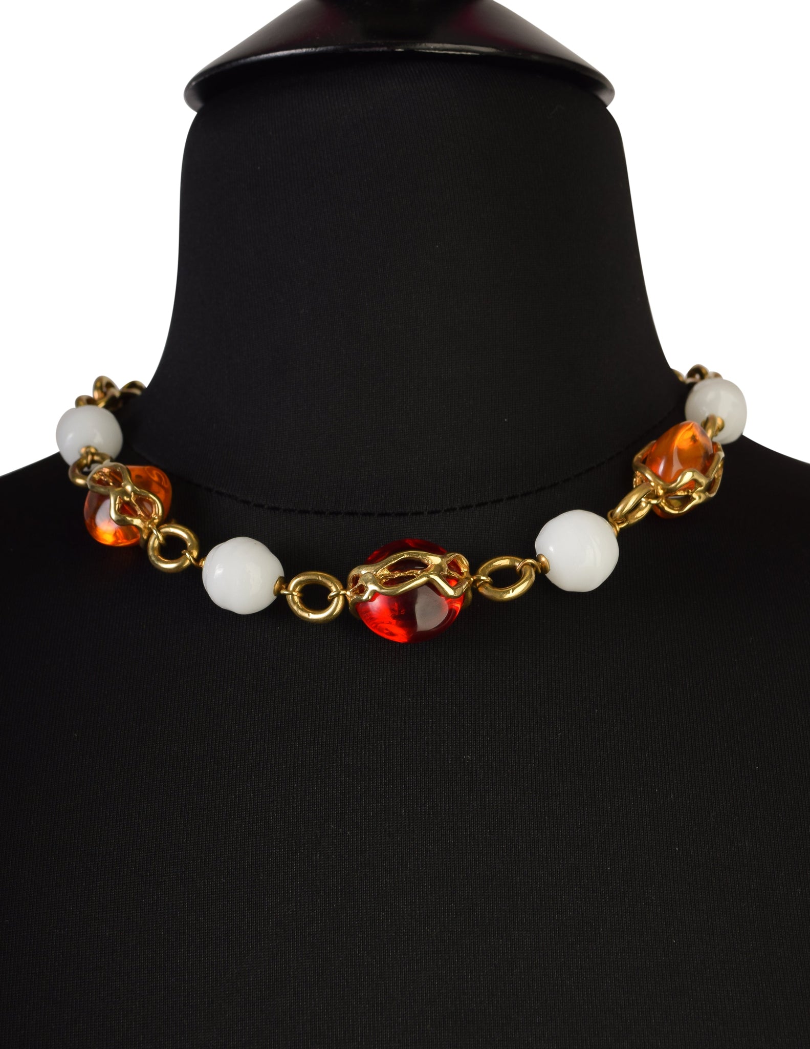 Yves Saint Laurent Vintage Red Yellow White Glass Gold Chain Choker Necklace