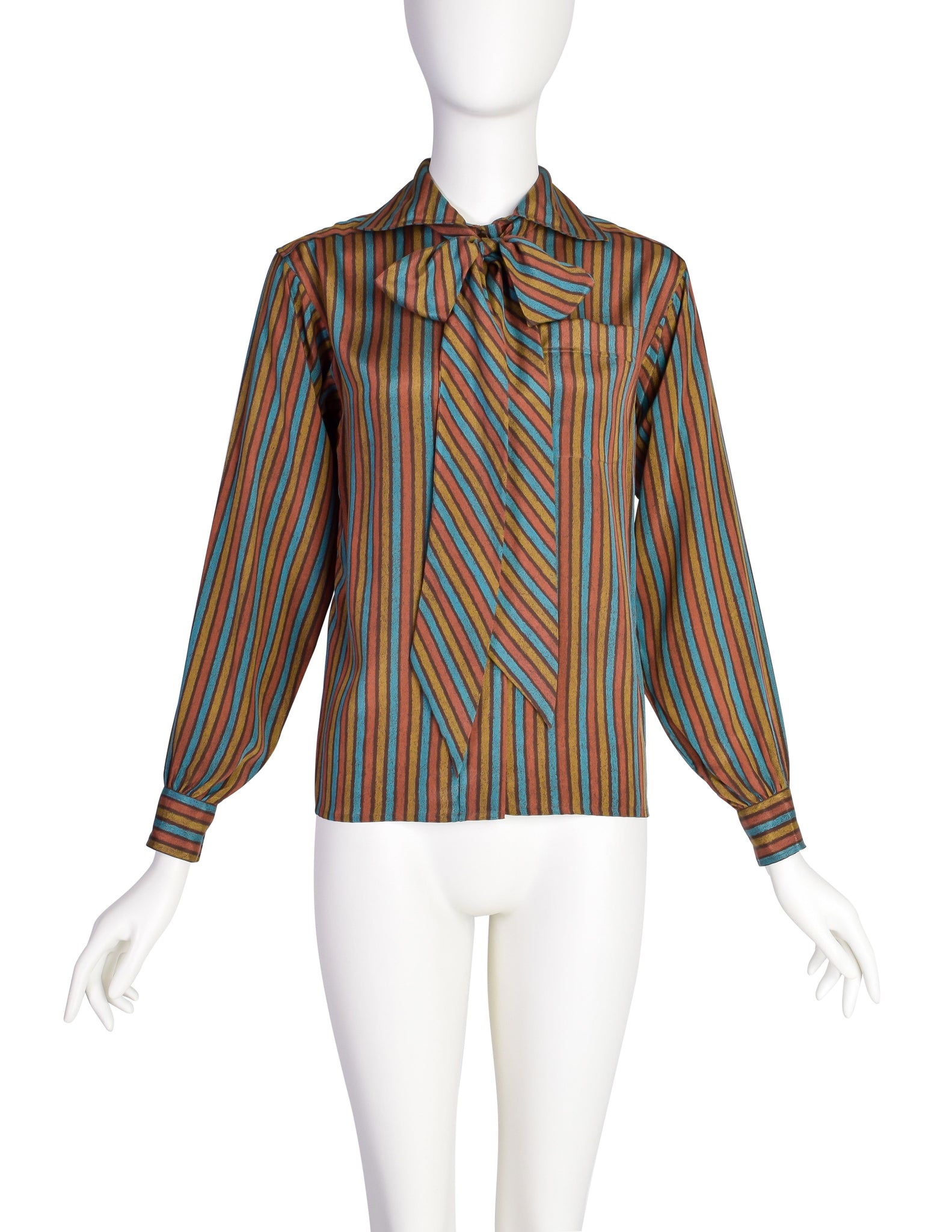 Yves Saint Laurent Vintage 1970s Multicolor Stripe Collared Lavalliere Button Up Silk Shirt