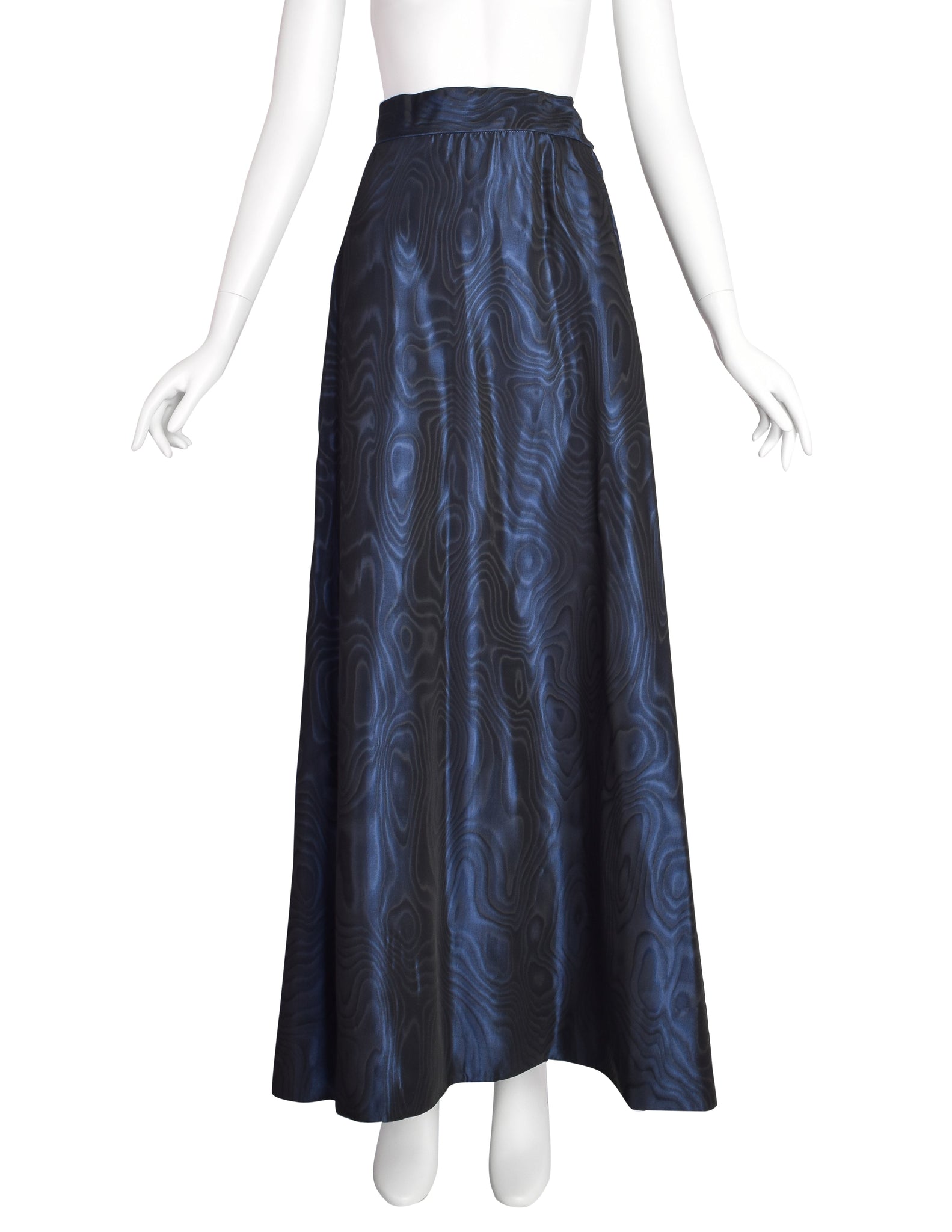 Yves Saint Laurent Vintage 1970s Midnight Blue Metallic Moire Taffeta Evening Maxi Skirt