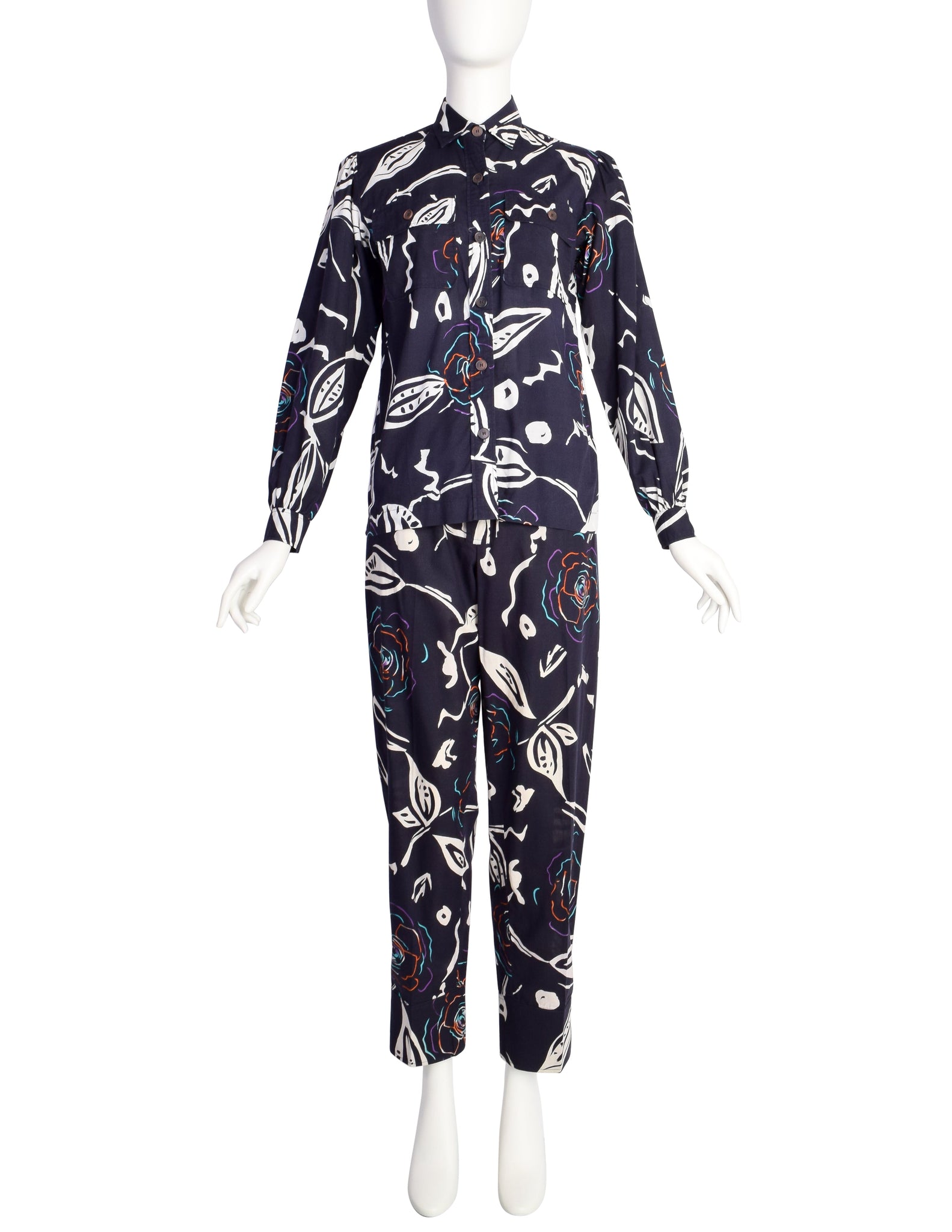 Yves Saint Laurent Vintage Navy Blue Abstract Floral Cotton Shirt and Pants Ensemble