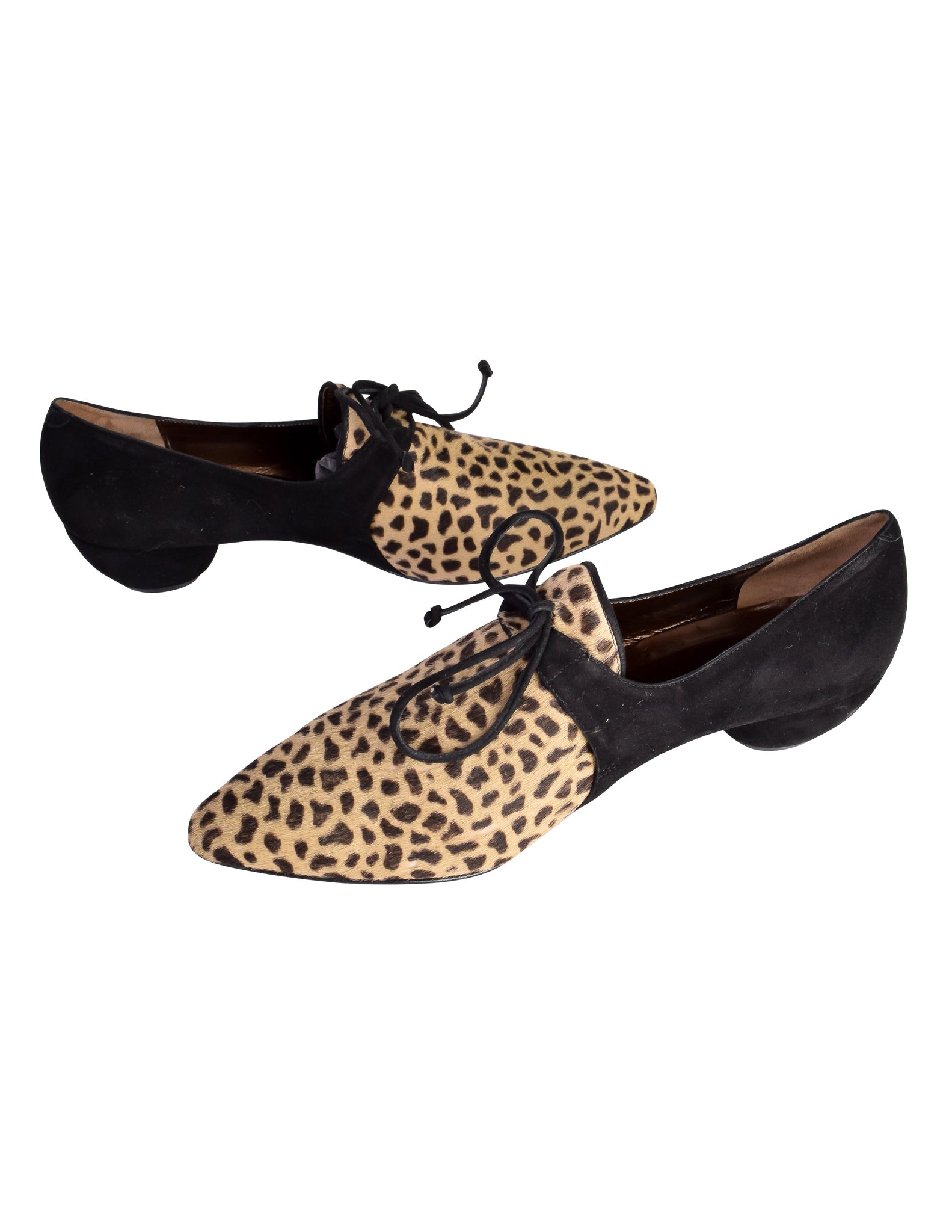 Yves Saint Laurent Vintage 1990s Animal Print Pony Hair and Black Suede Oxford Shoes