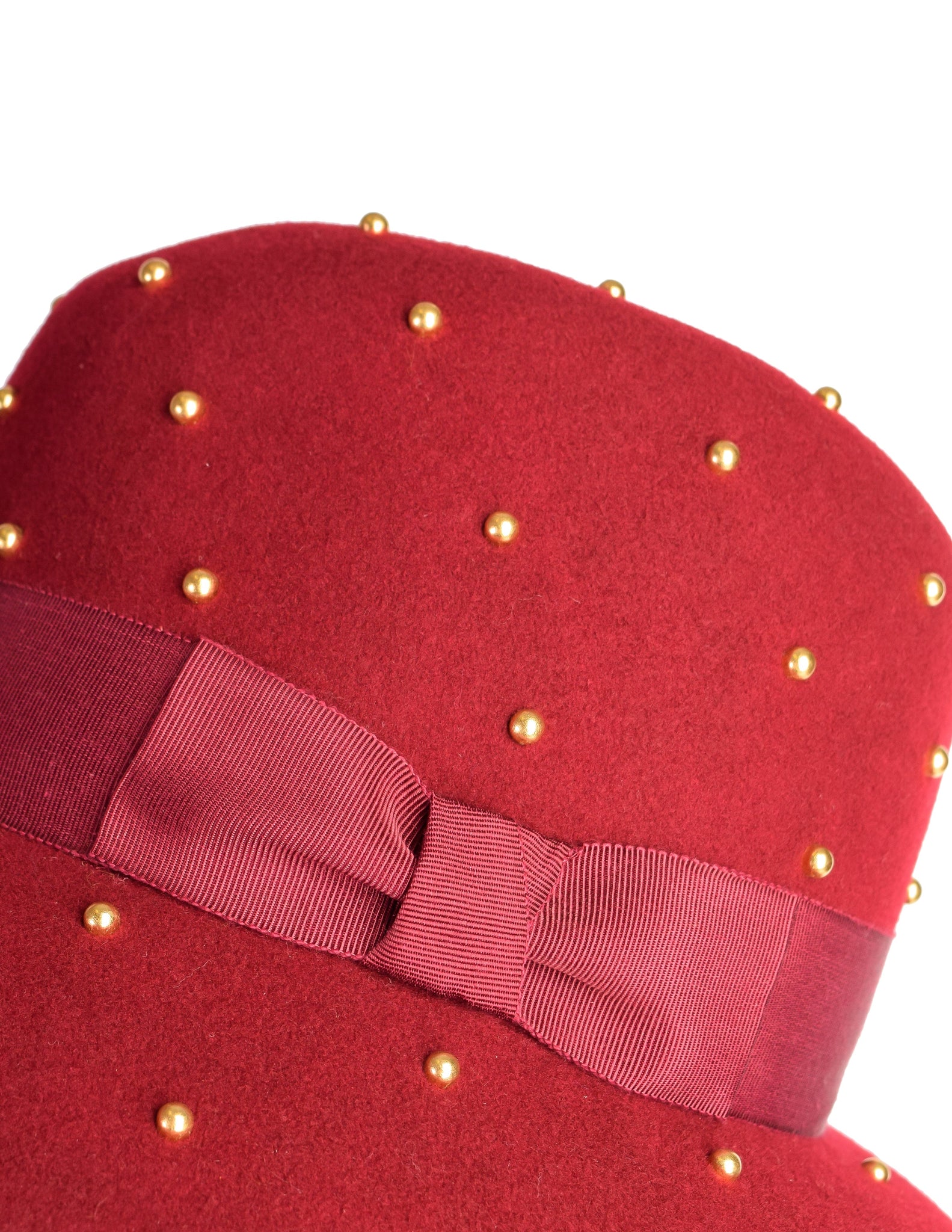 Yves Saint Laurent Vintage 1970s Maroon Wool Brass Studded Hat