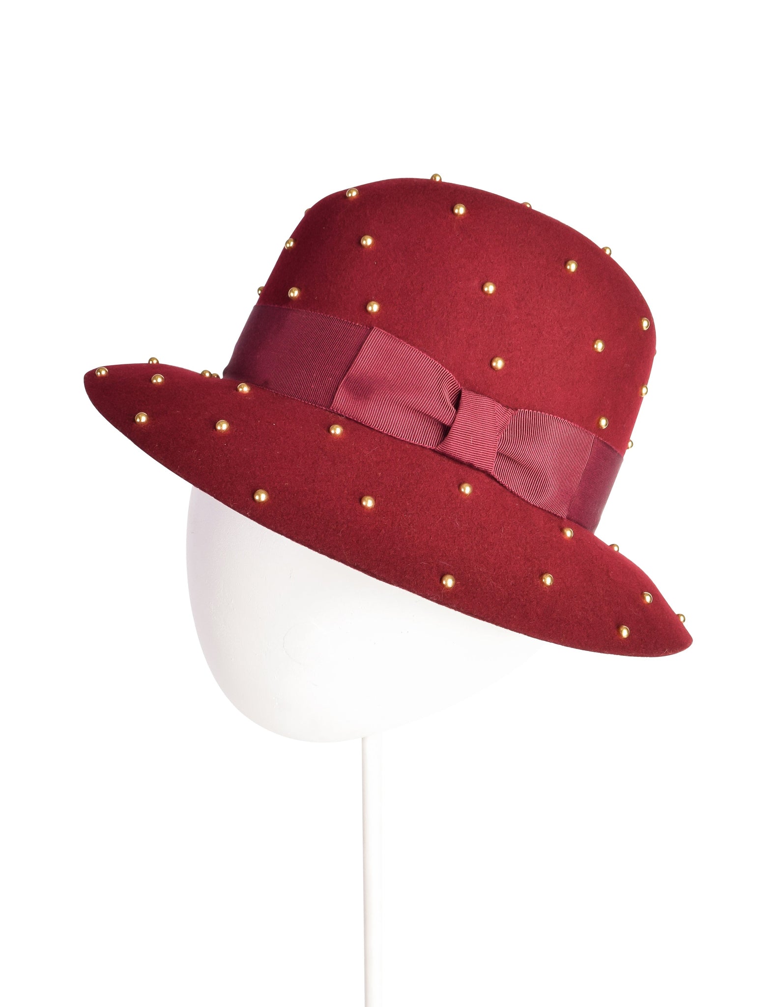 Yves Saint Laurent Vintage 1970s Maroon Wool Brass Studded Hat