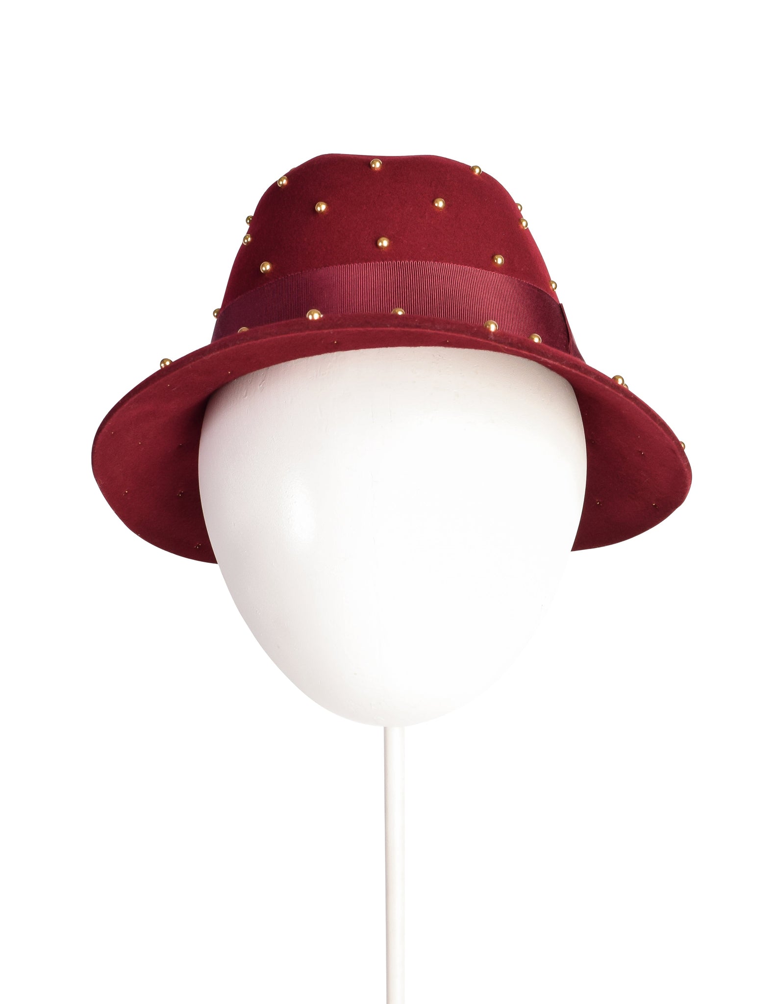 Yves Saint Laurent Vintage 1970s Maroon Wool Brass Studded Hat