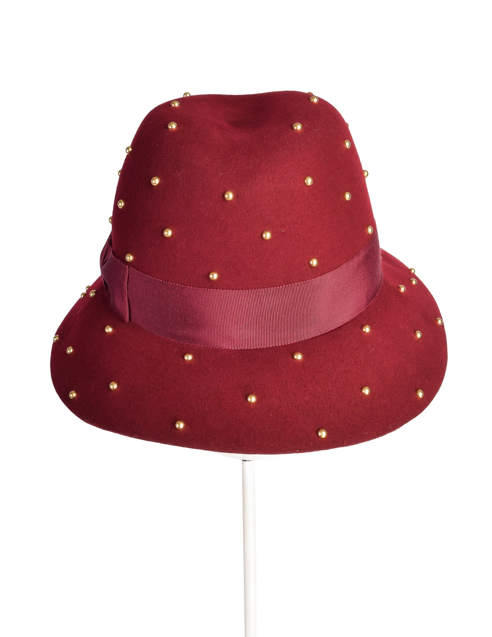 Yves Saint Laurent Vintage 1970s Maroon Wool Brass Studded Hat