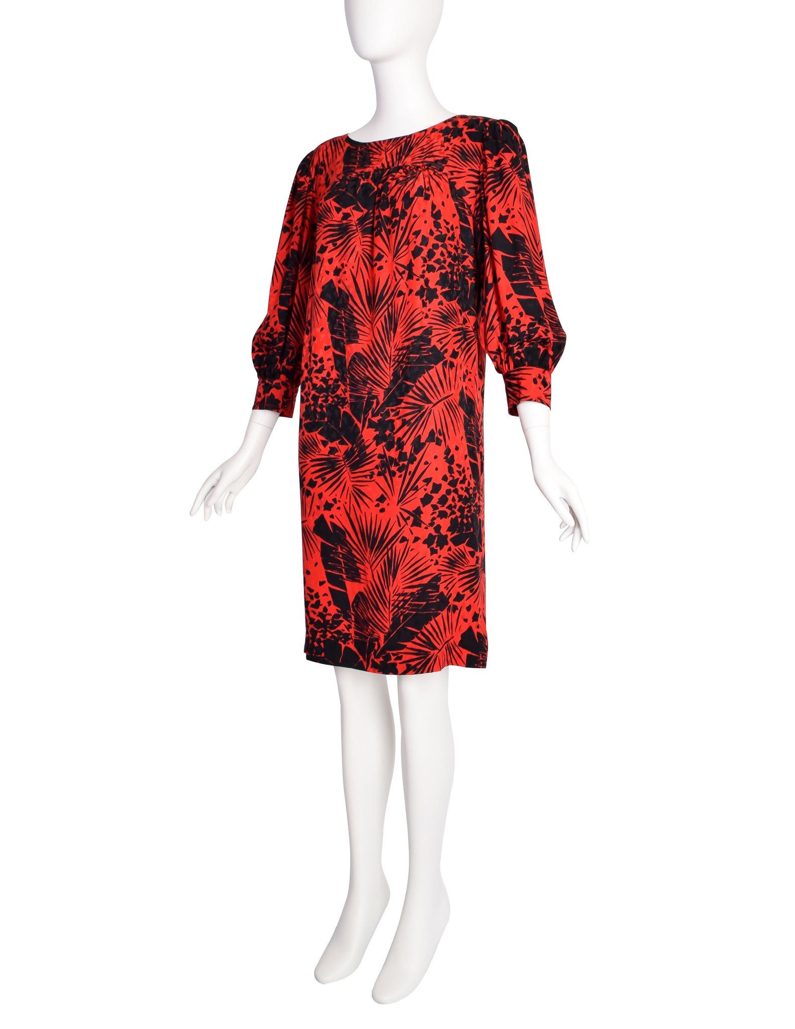 Yves Saint Laurent Vintage SS 1985 Red Black Leaf Print Silk Jacquard Dress