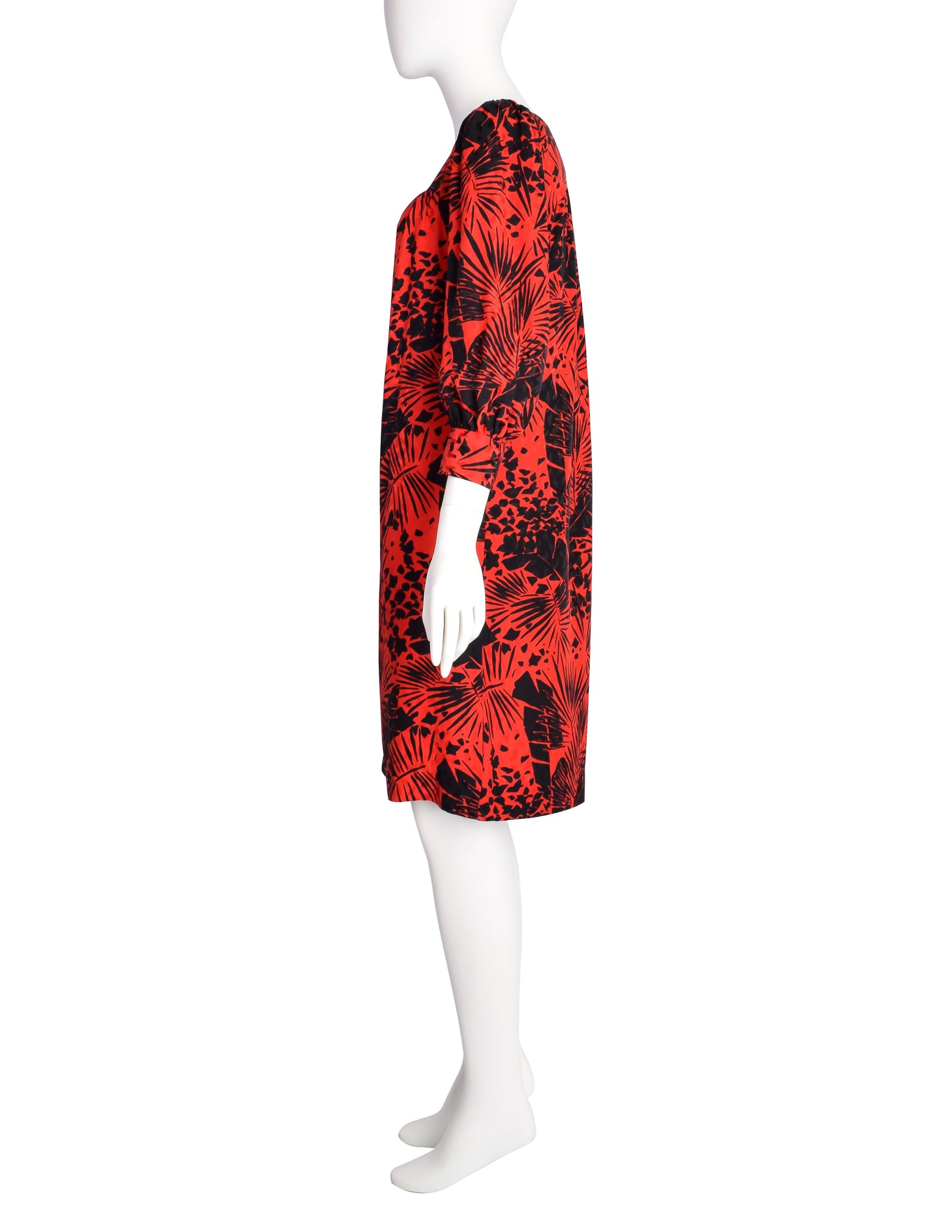 Yves Saint Laurent Vintage SS 1985 Red Black Leaf Print Silk Jacquard Dress