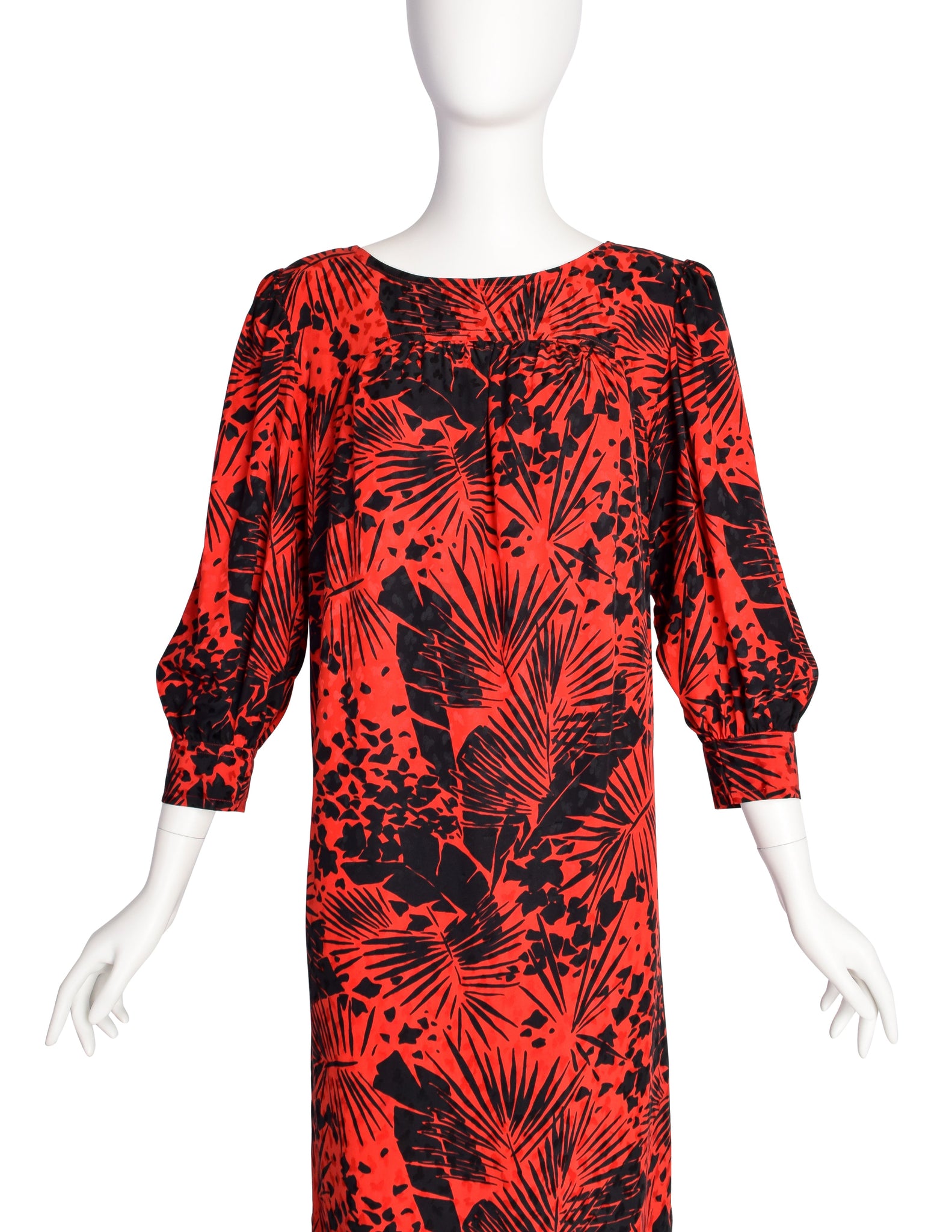 Yves Saint Laurent Vintage SS 1985 Red Black Leaf Print Silk Jacquard Dress