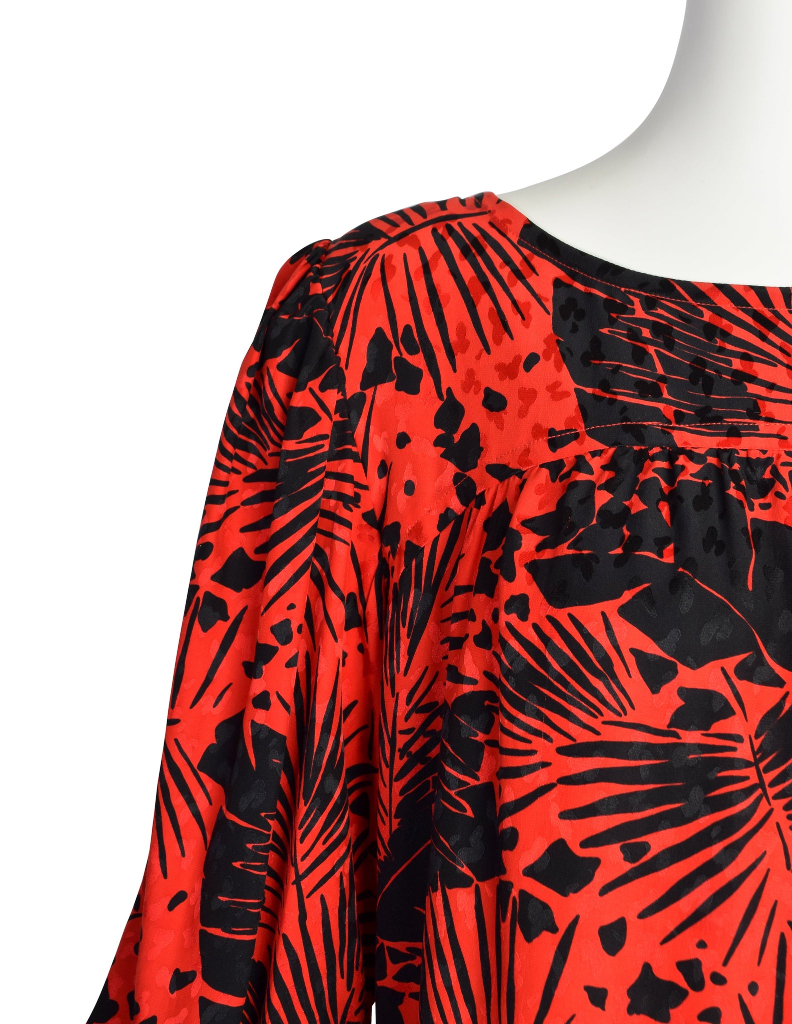 Yves Saint Laurent Vintage SS 1985 Red Black Leaf Print Silk Jacquard Dress