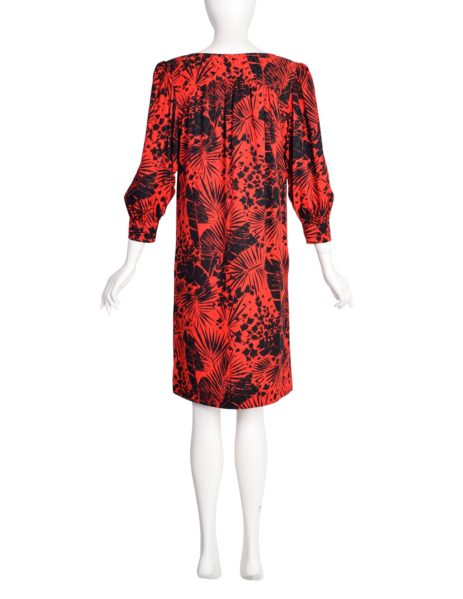 Yves Saint Laurent Vintage SS 1985 Red Black Leaf Print Silk Jacquard Dress