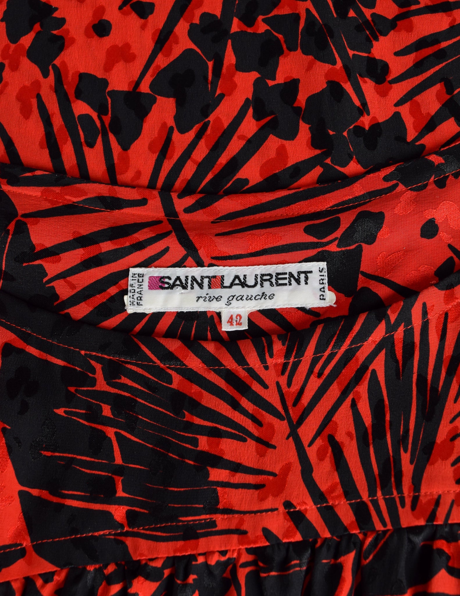 Yves Saint Laurent Vintage SS 1985 Red Black Leaf Print Silk Jacquard Dress