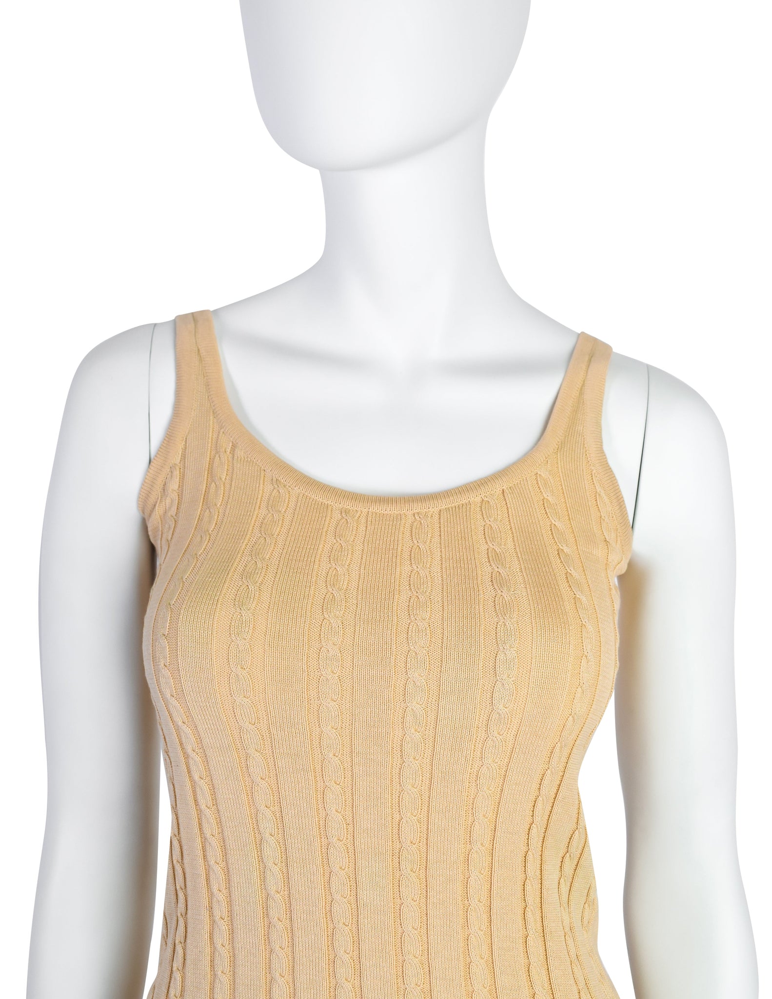 Yves Saint Laurent Vintage 1970s Beige Ribbed Cable Knit Cotton Tank Top