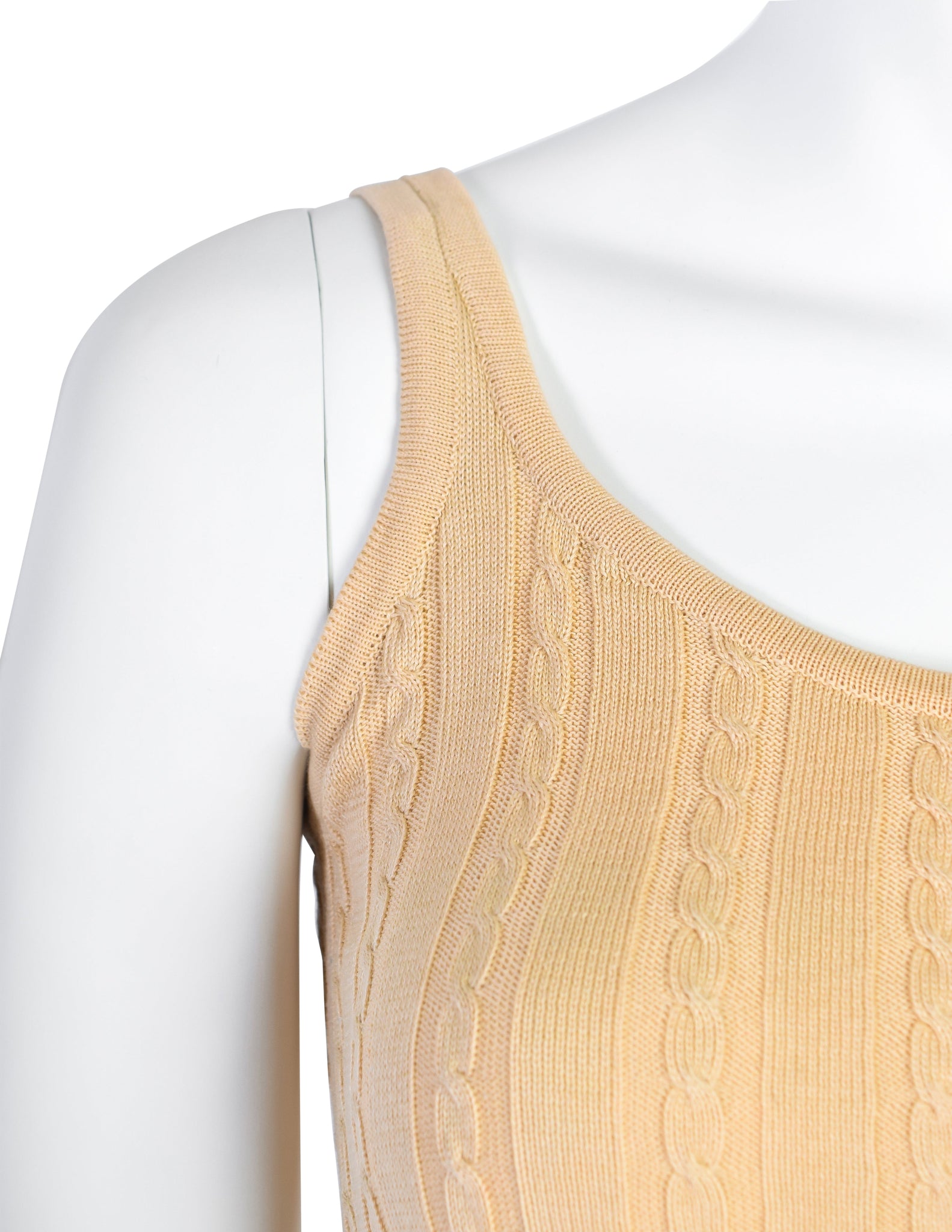 Yves Saint Laurent Vintage 1970s Beige Ribbed Cable Knit Cotton Tank Top