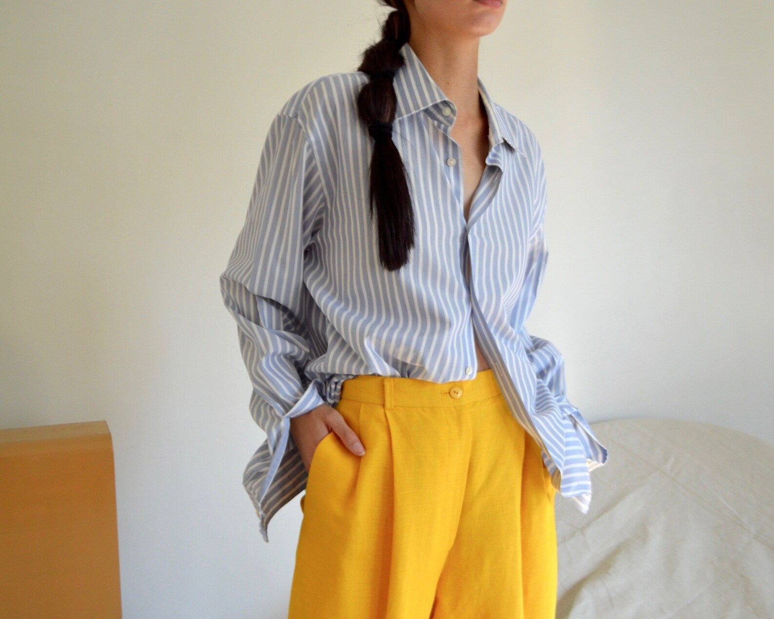 VINTAGE Yellow Linen PLEATED TROUSERS