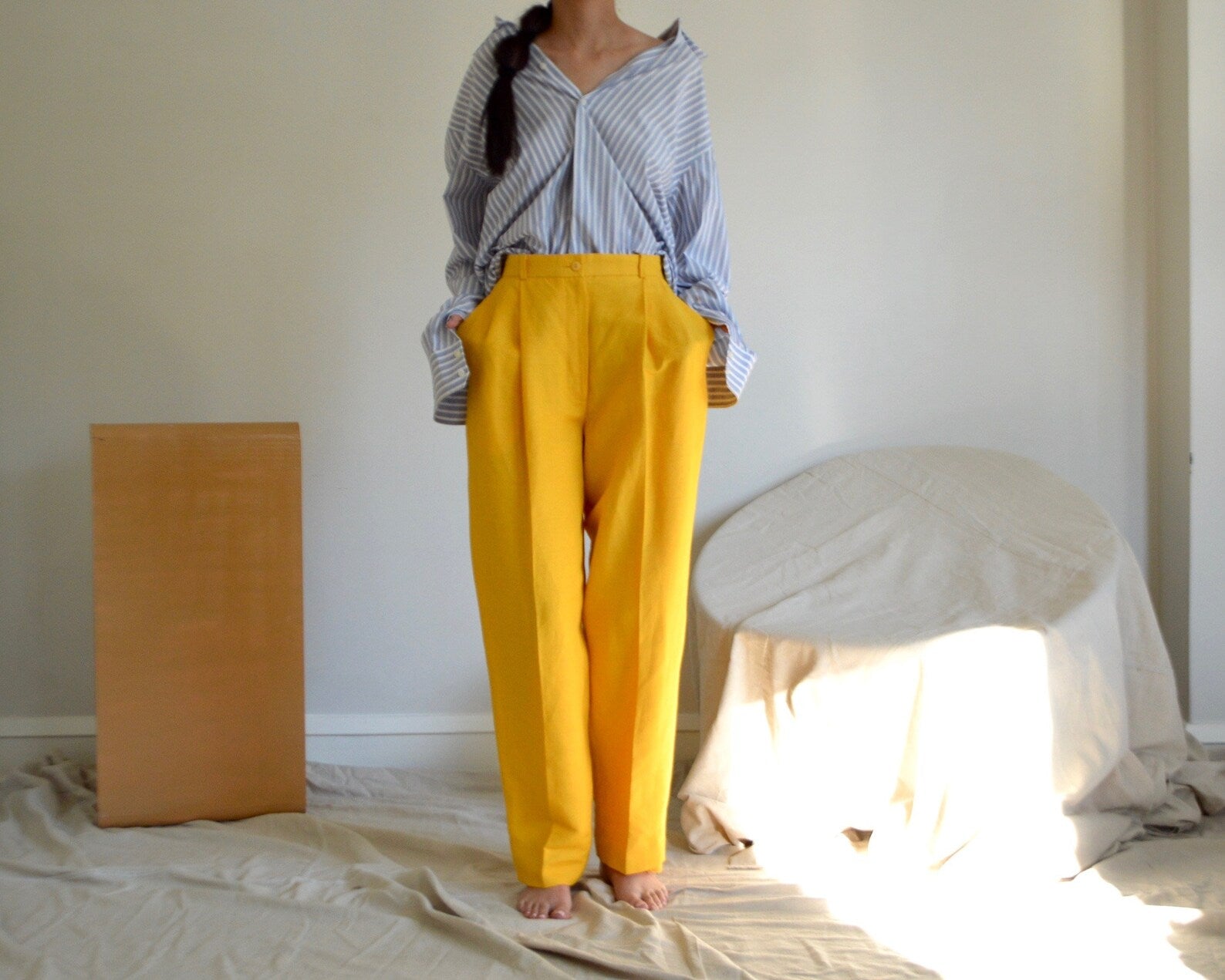 VINTAGE Yellow Linen PLEATED TROUSERS