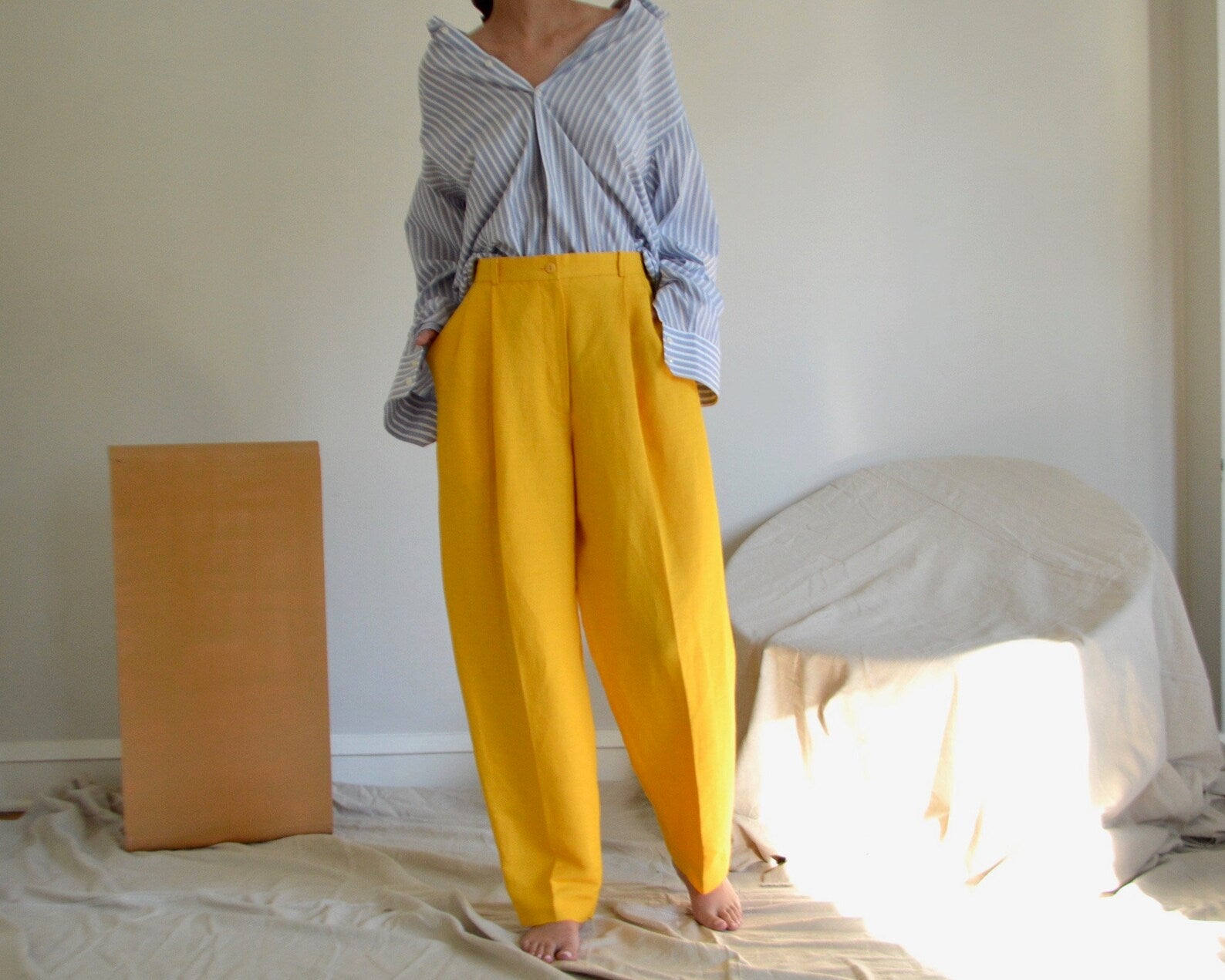 VINTAGE Yellow Linen PLEATED TROUSERS