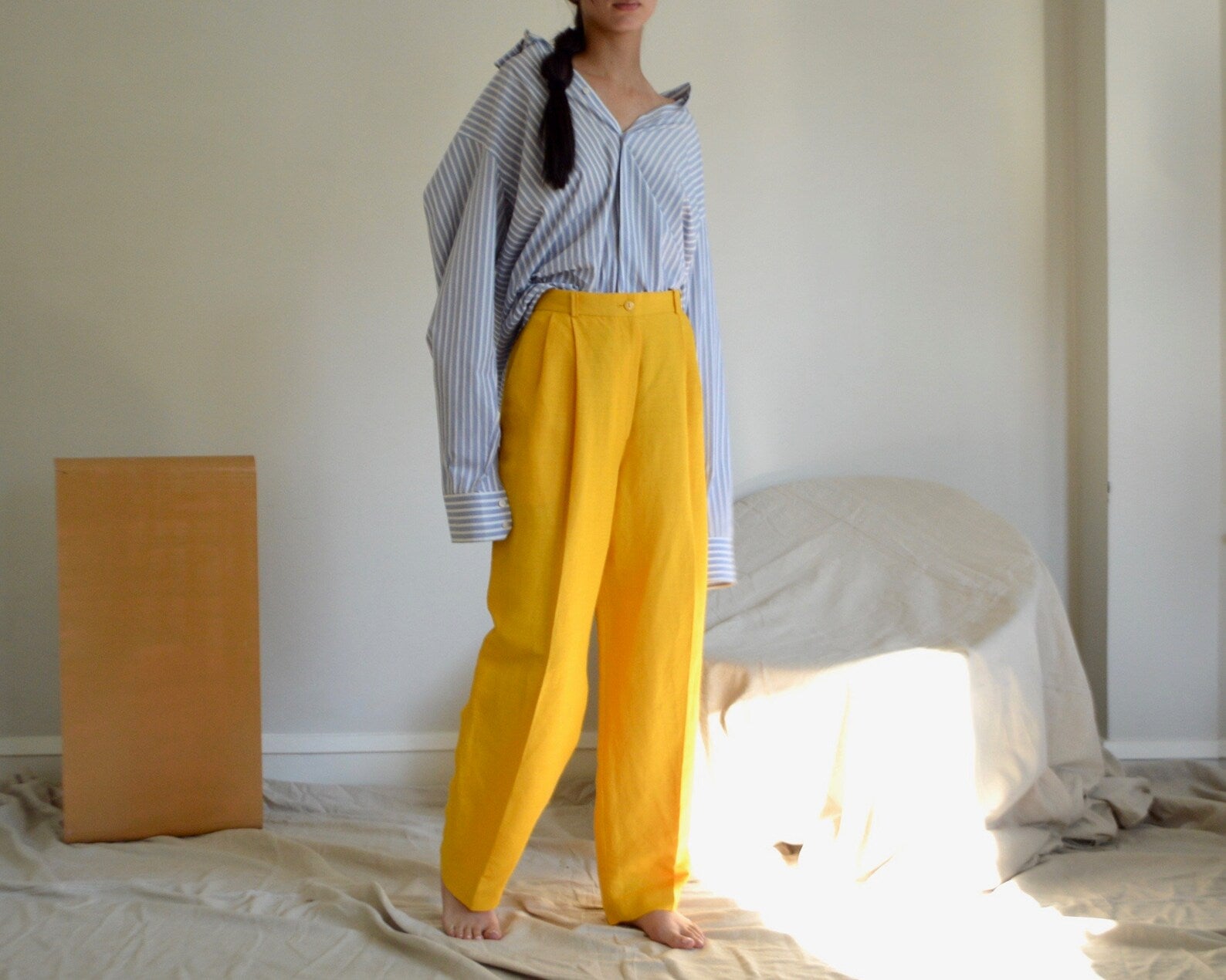 VINTAGE Yellow Linen PLEATED TROUSERS