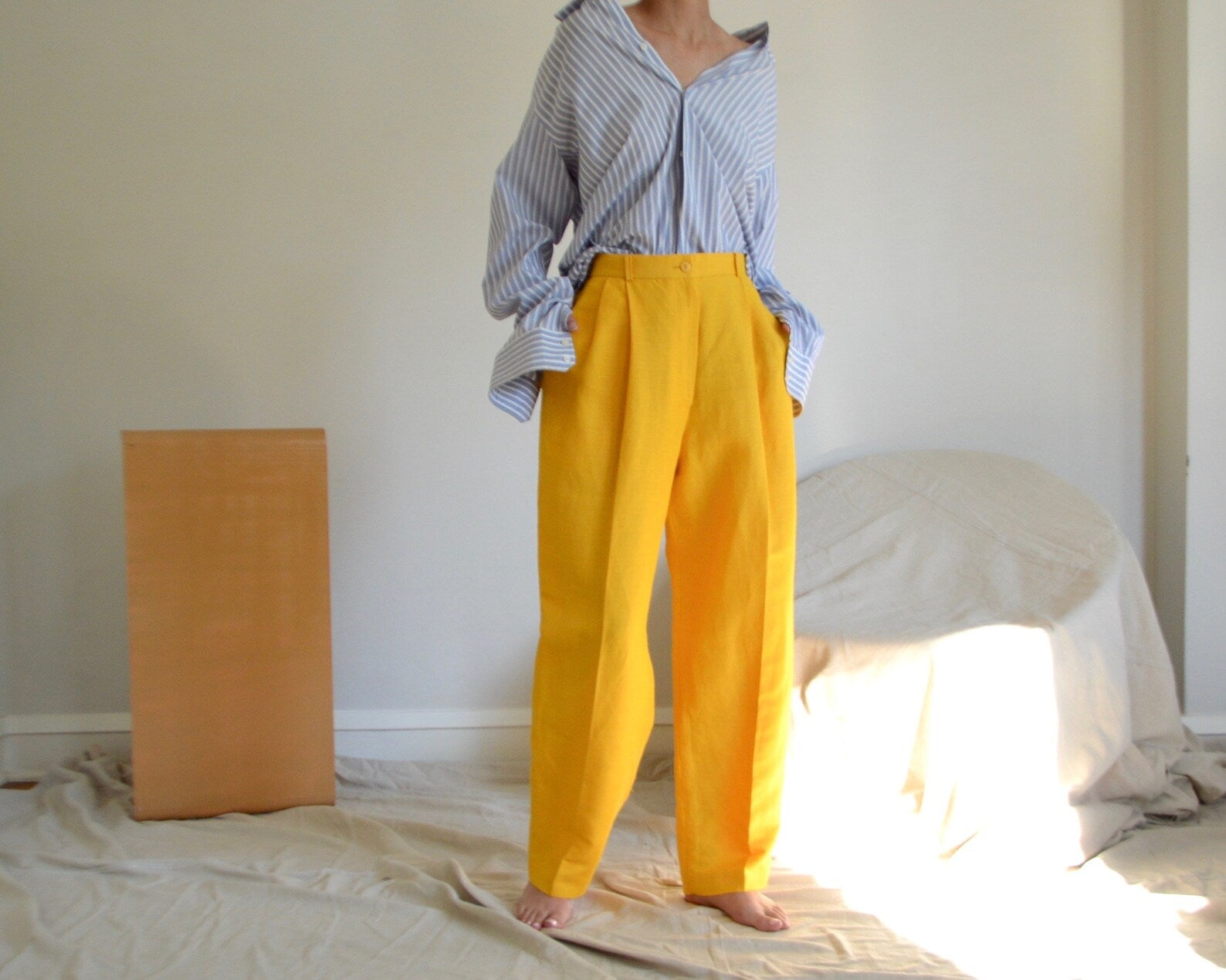 VINTAGE Yellow Linen PLEATED TROUSERS