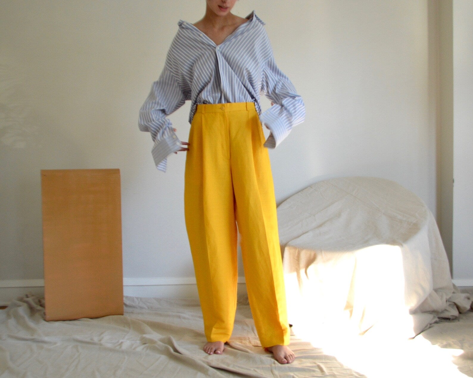 VINTAGE Yellow Linen PLEATED TROUSERS