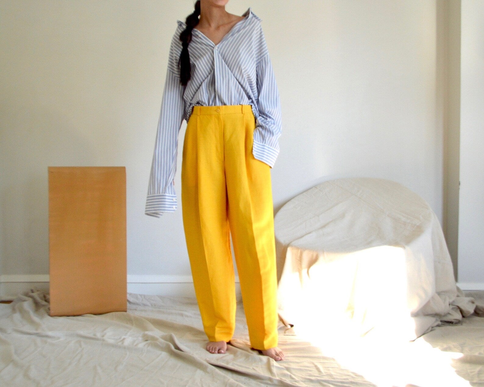 VINTAGE Yellow Linen PLEATED TROUSERS