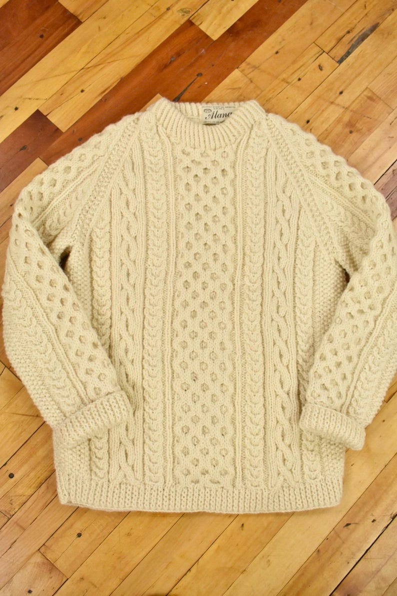 60s Irish Wool Sweater Men’s Size Small Vintage Cable Knit Fisherman