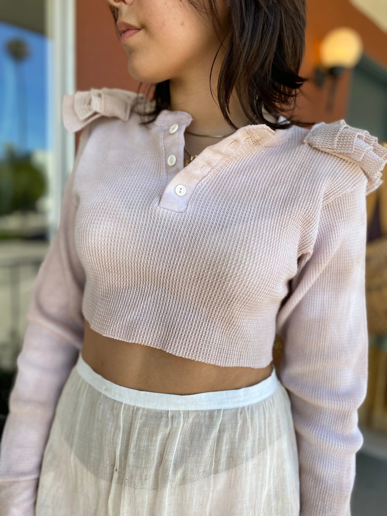 Remade Cropped Ruffle Thermal Button Front